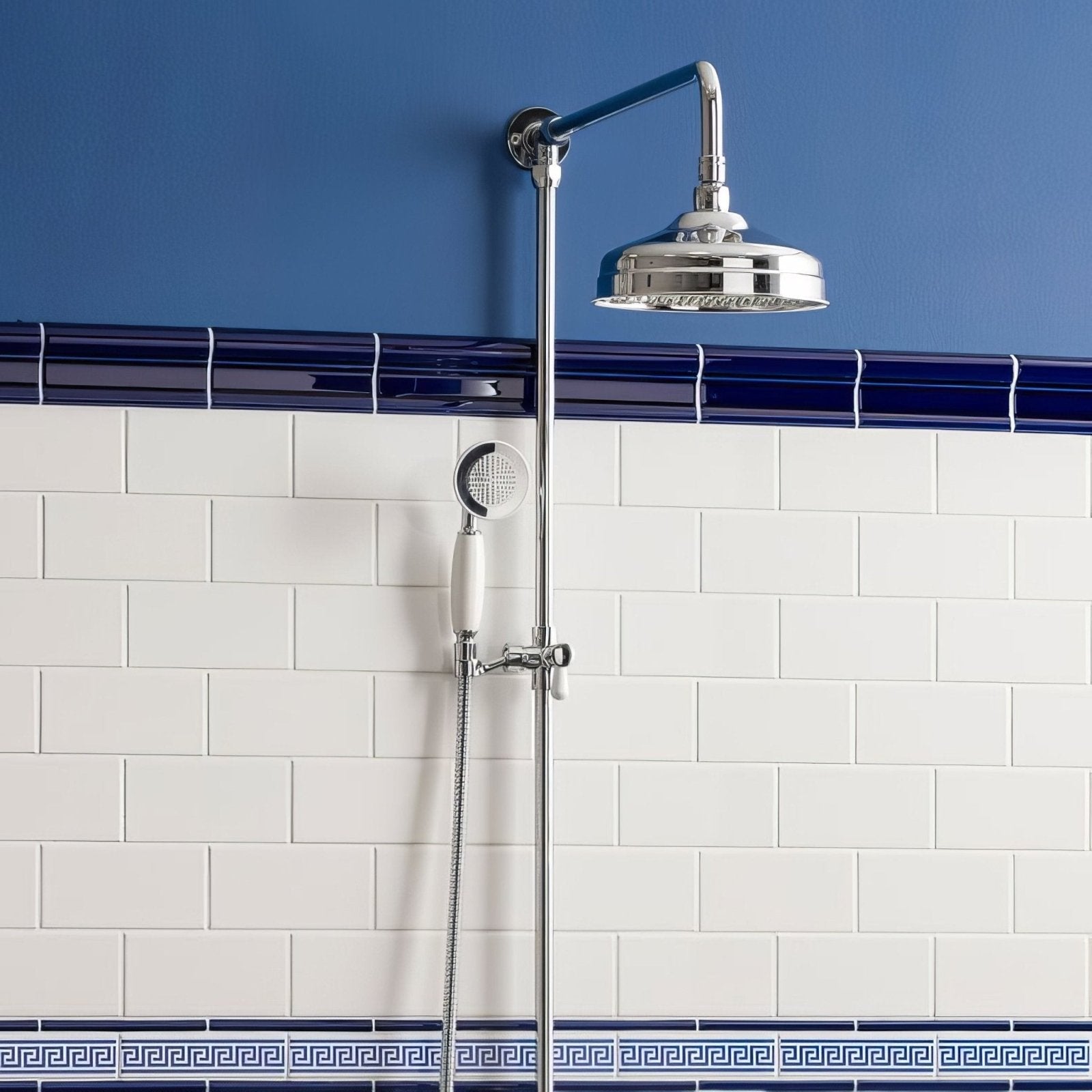 Greek Key Royal Blue On Brilliant White in a bathroom setting