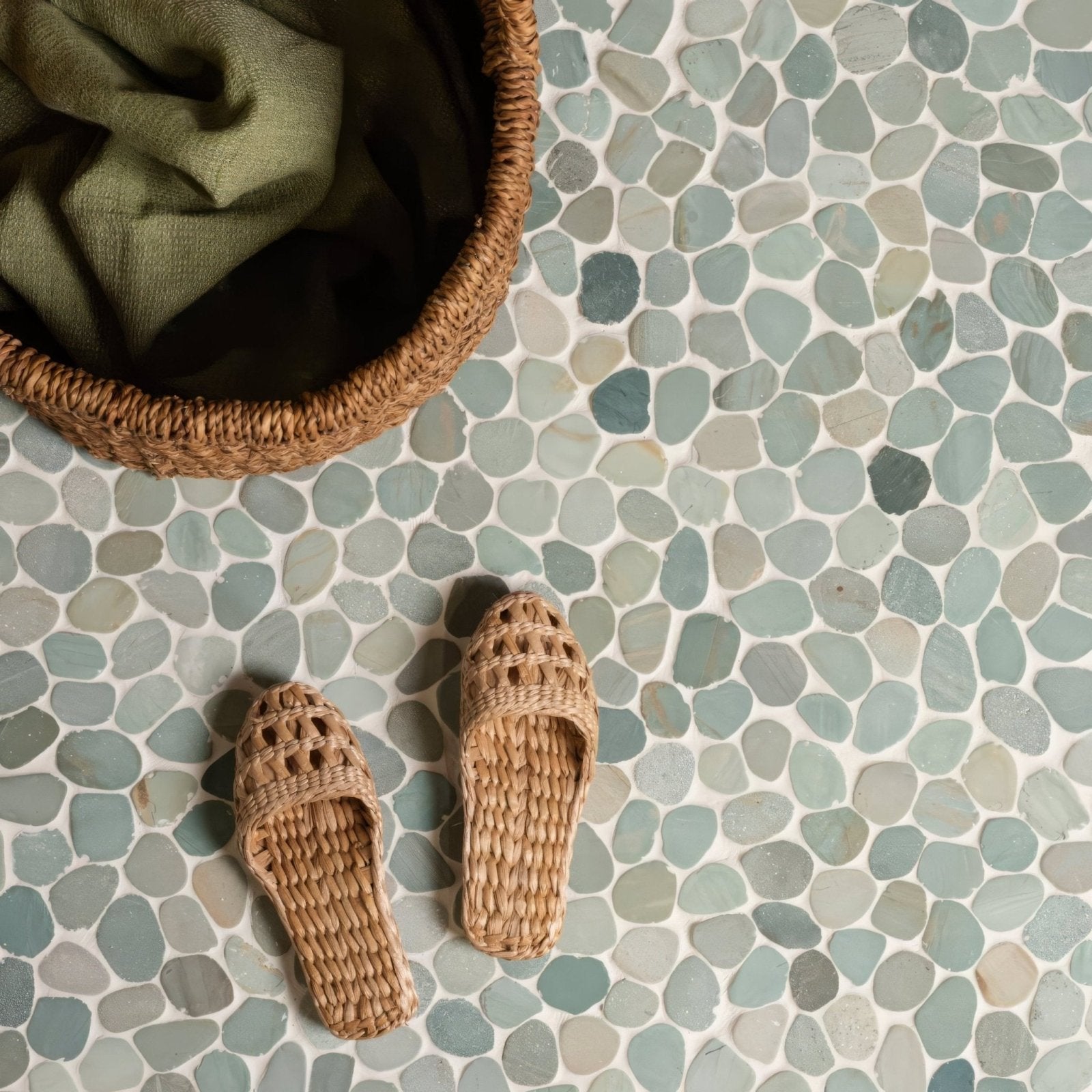 Green Balihai Pebble Mosaics grey and blue pebble mosaic with woven straw sandals