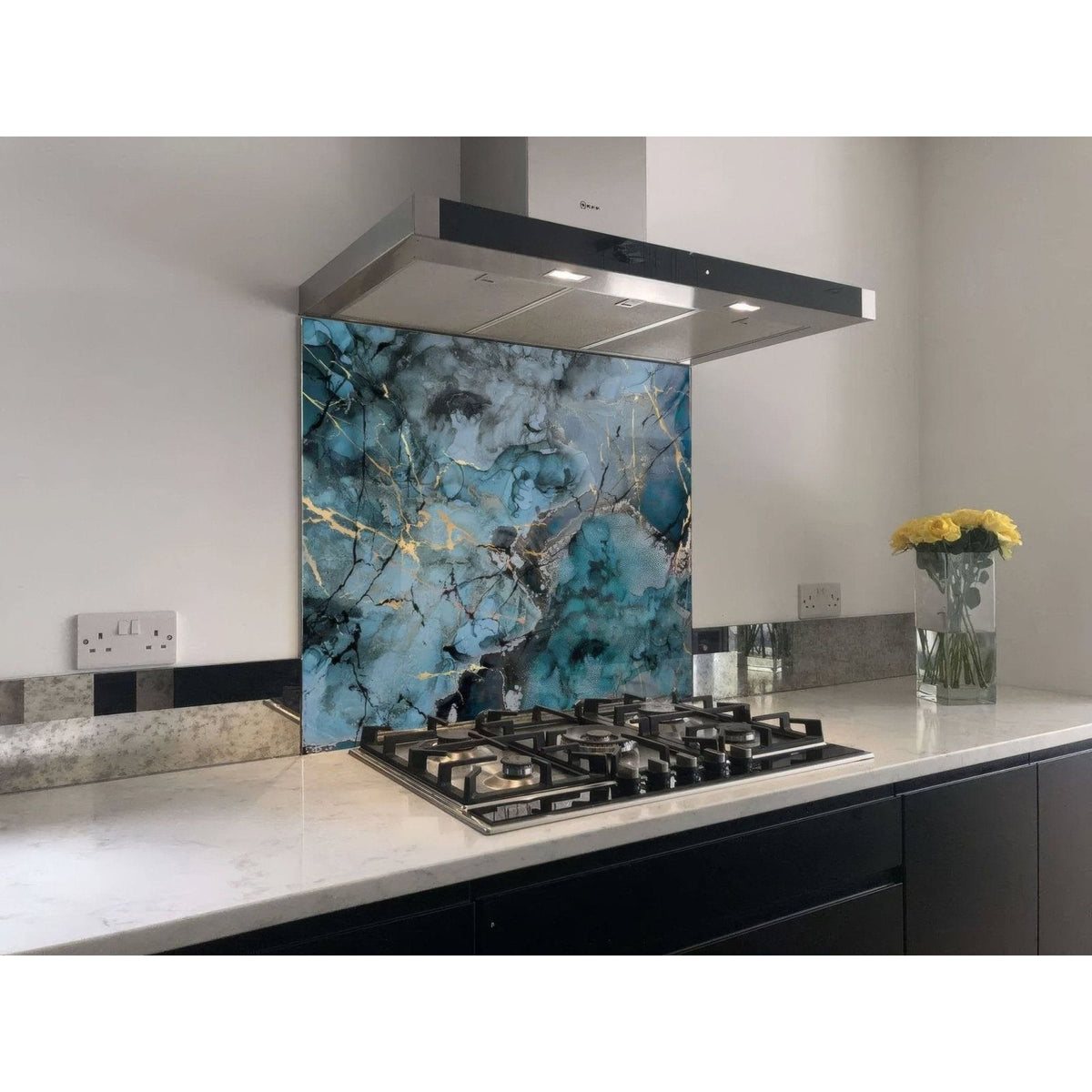 Grey blue gold fluid marble shower panel with blue and gold marble-patterned glass kitchen backsplash design