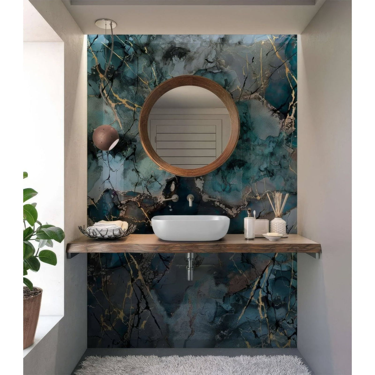 Grey Blue Gold Fluid Marble Shower Panel blue and gold marble-patterned panel with a vessel sink and round mirror