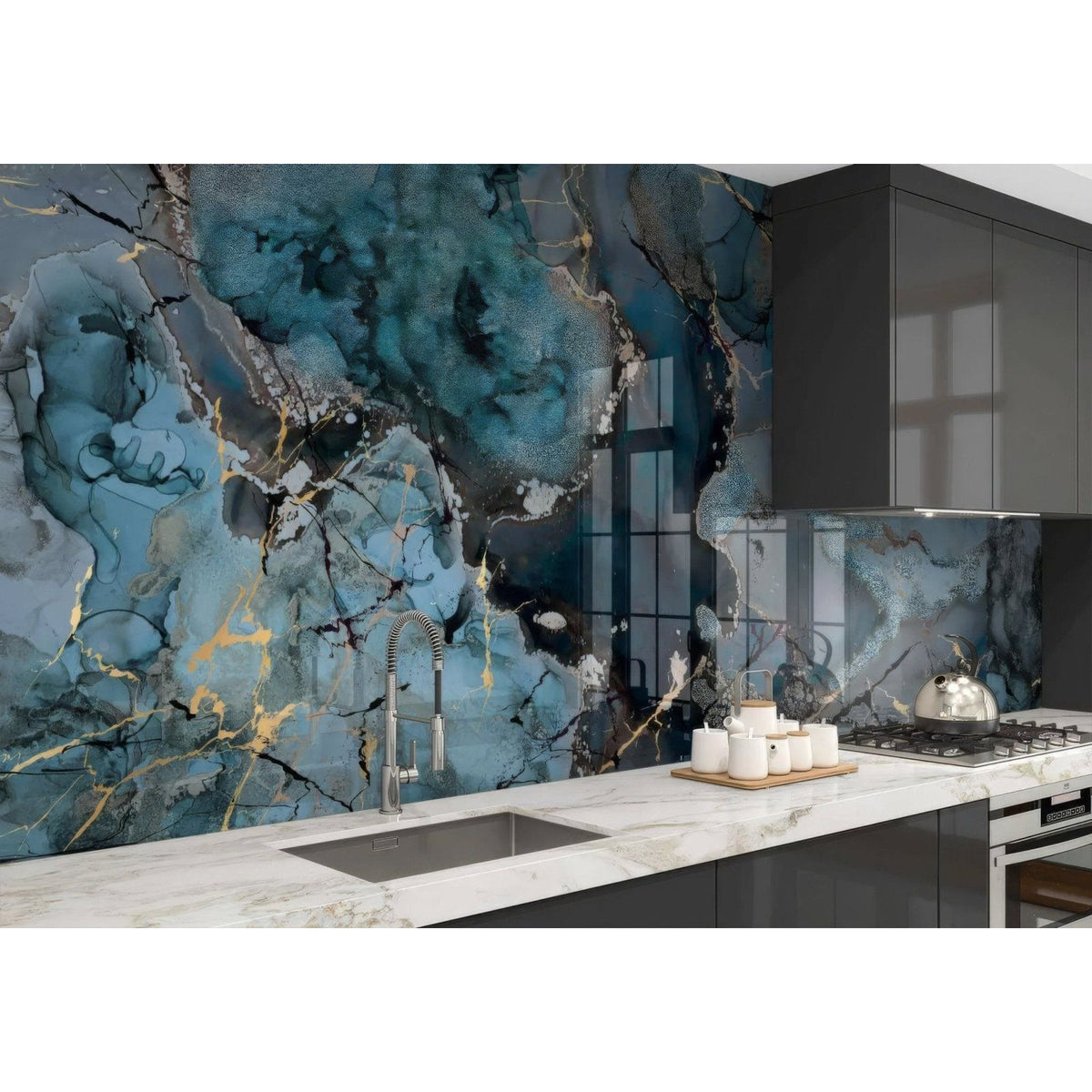 Grey blue gold fluid marble shower panel with blue and gold marbled kitchen backsplash and sleek modern design