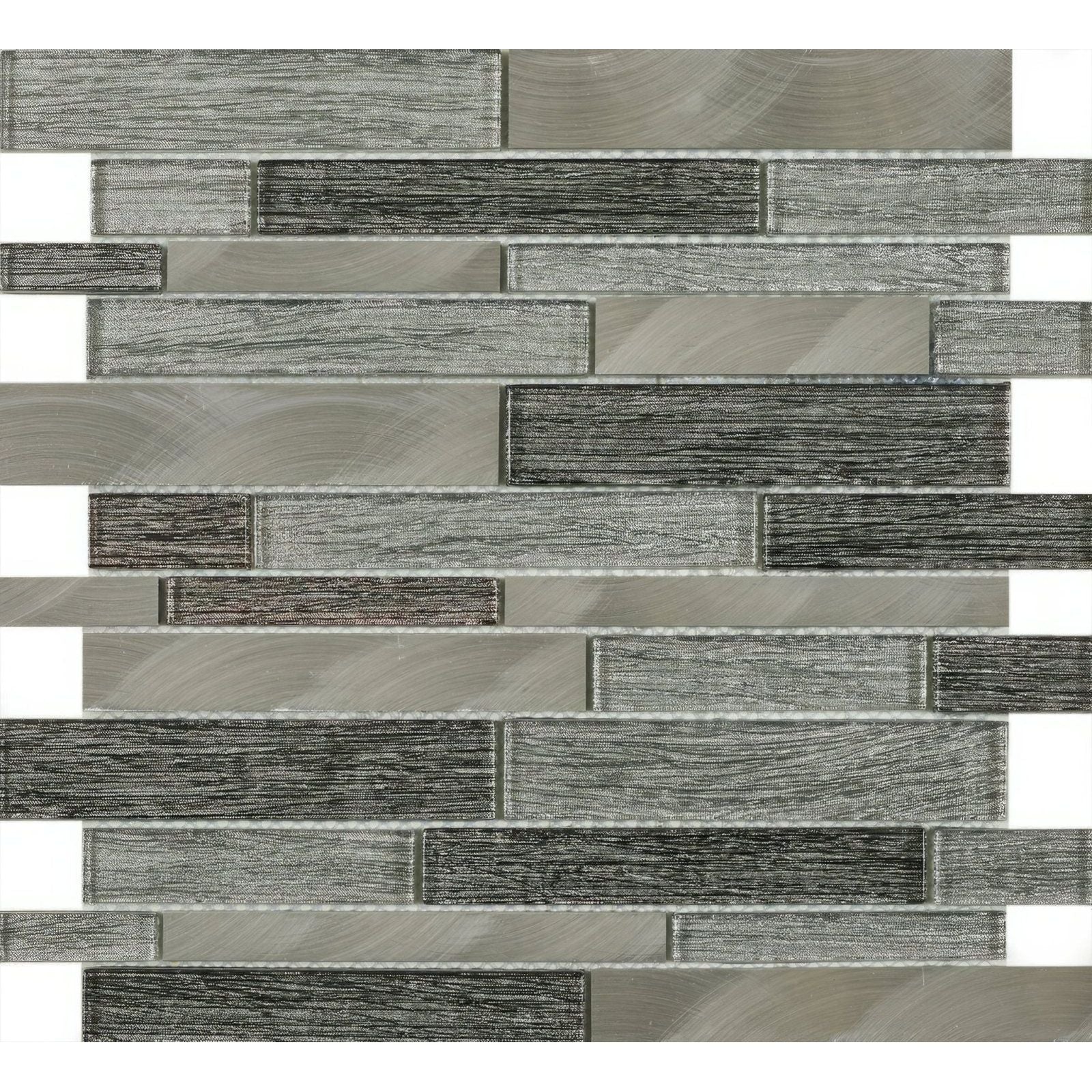Gray and black textured glass mosaic tile with a modern linear design in grey glass and metal mix offset linear mosaic