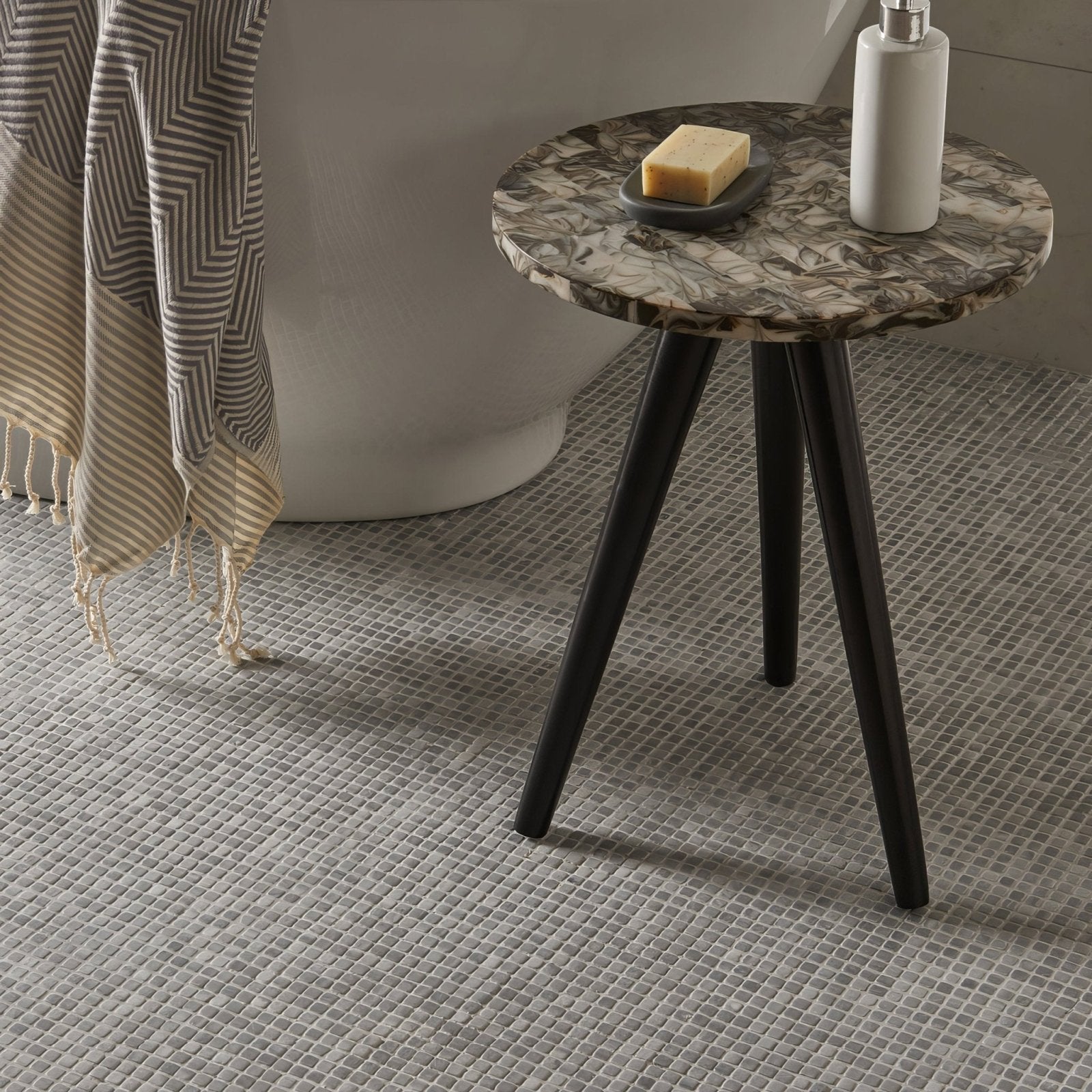 Grisaille 1.0 Venetian Stone Mosaic light green marble mosaic with a round marble-top side table