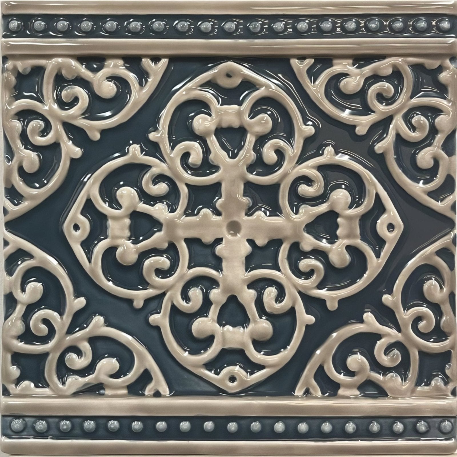 Dark blue ceramic wall tile with cream ornate scrollwork and beaded border grosvenor palladian beige on ascot blue