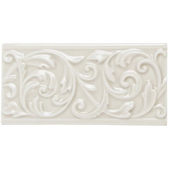 White ceramic tile hadleigh buckingham with raised ornate scrollwork design for decorative wall use