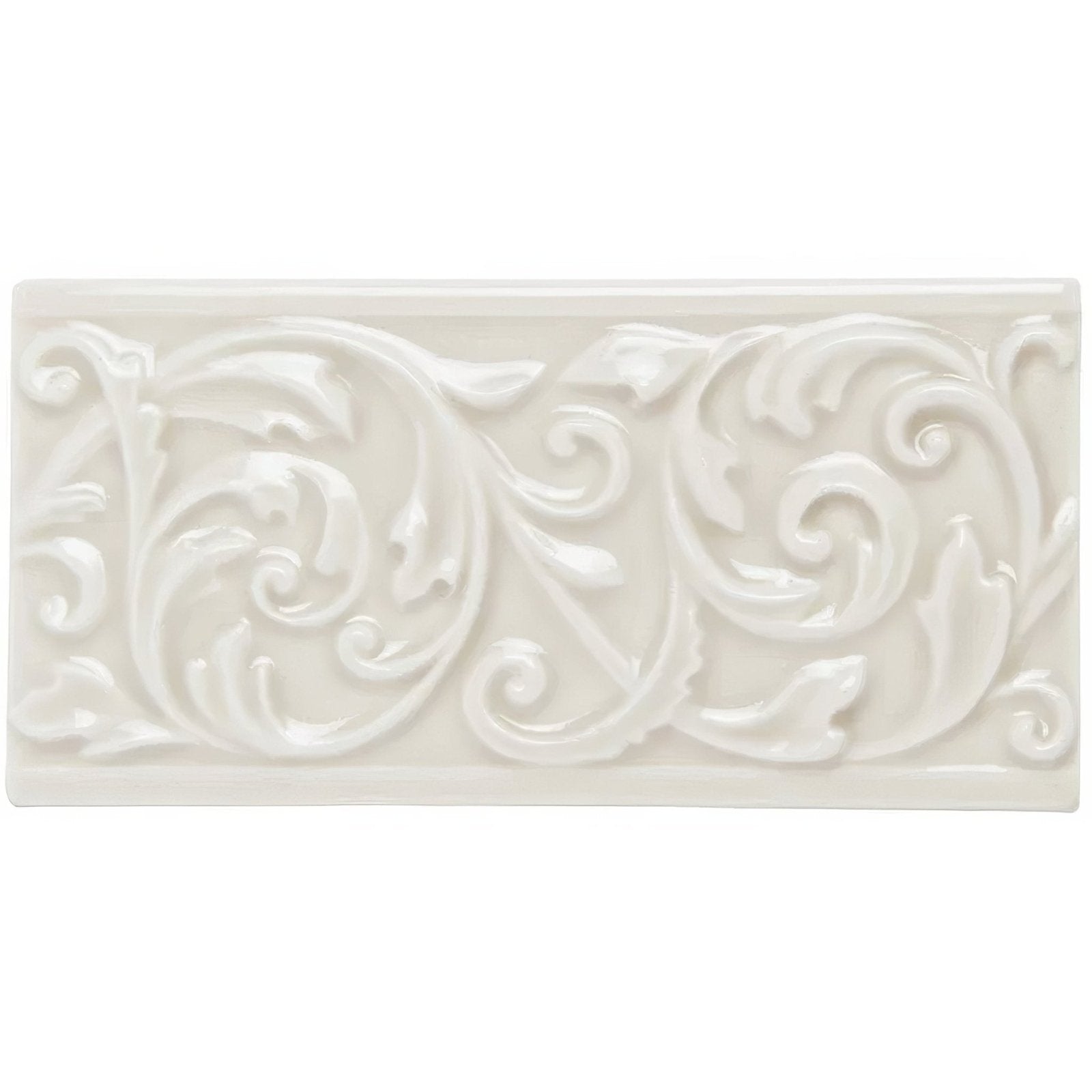 White ceramic tile hadleigh buckingham with raised ornate scrollwork design for decorative wall use