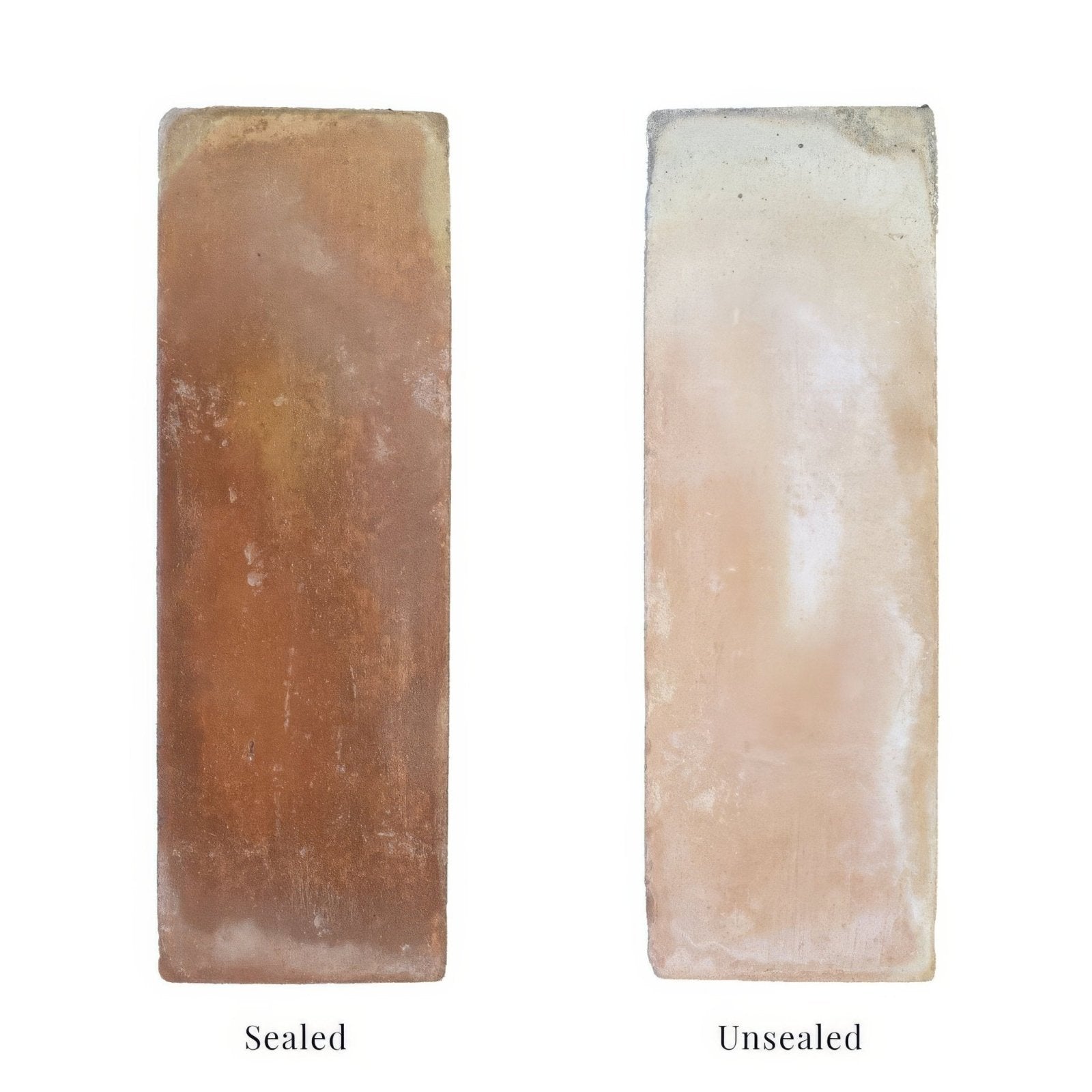 Two handmade classic terracotta rectangle tiles 10x30cm one sealed matte brown and one unsealed beige surface