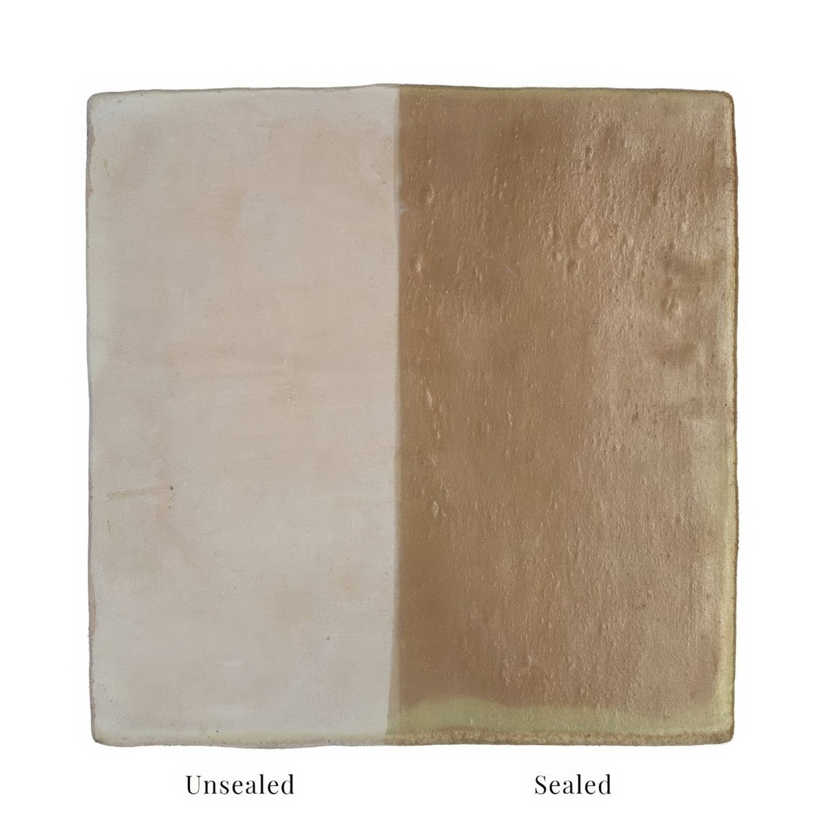Handmade classic terracotta rectangle tile 15x30cm split to show matte off-white unsealed and warm beige glazed sealed sides