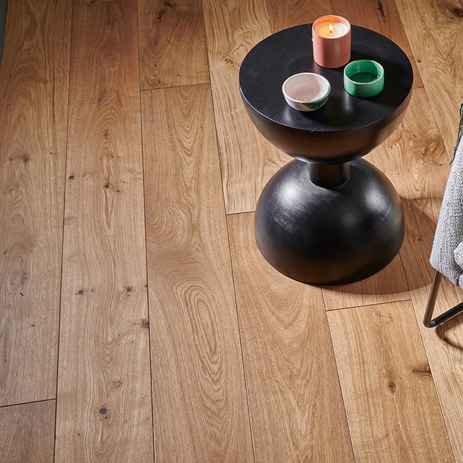 Harlech rustic oak black matte modern side table with rounded top and bulbous base