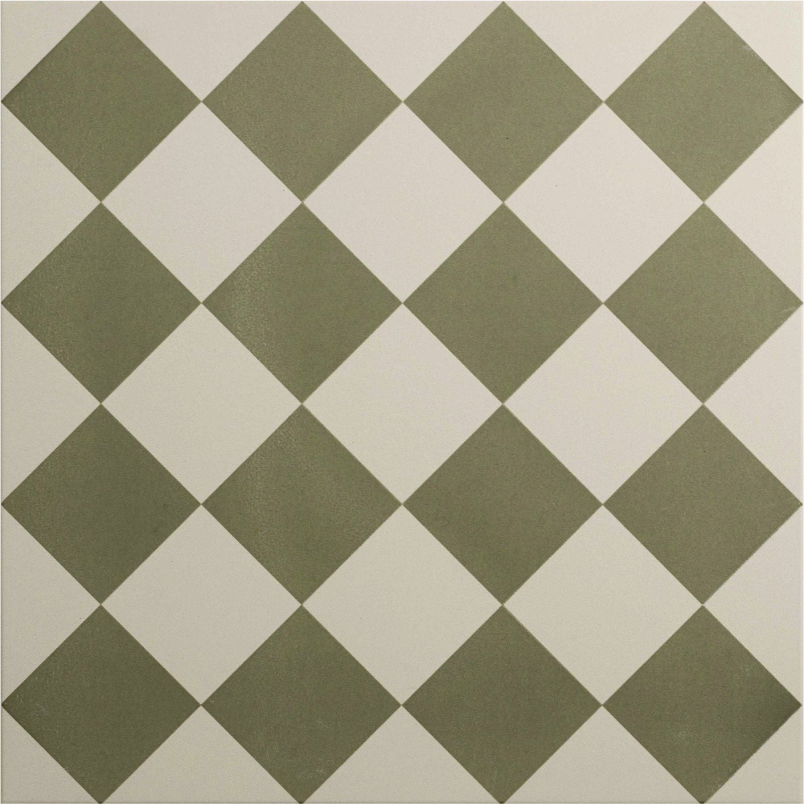 Olive green and off-white diamond patterned ceramic floor tile harlequin small green on chalk design