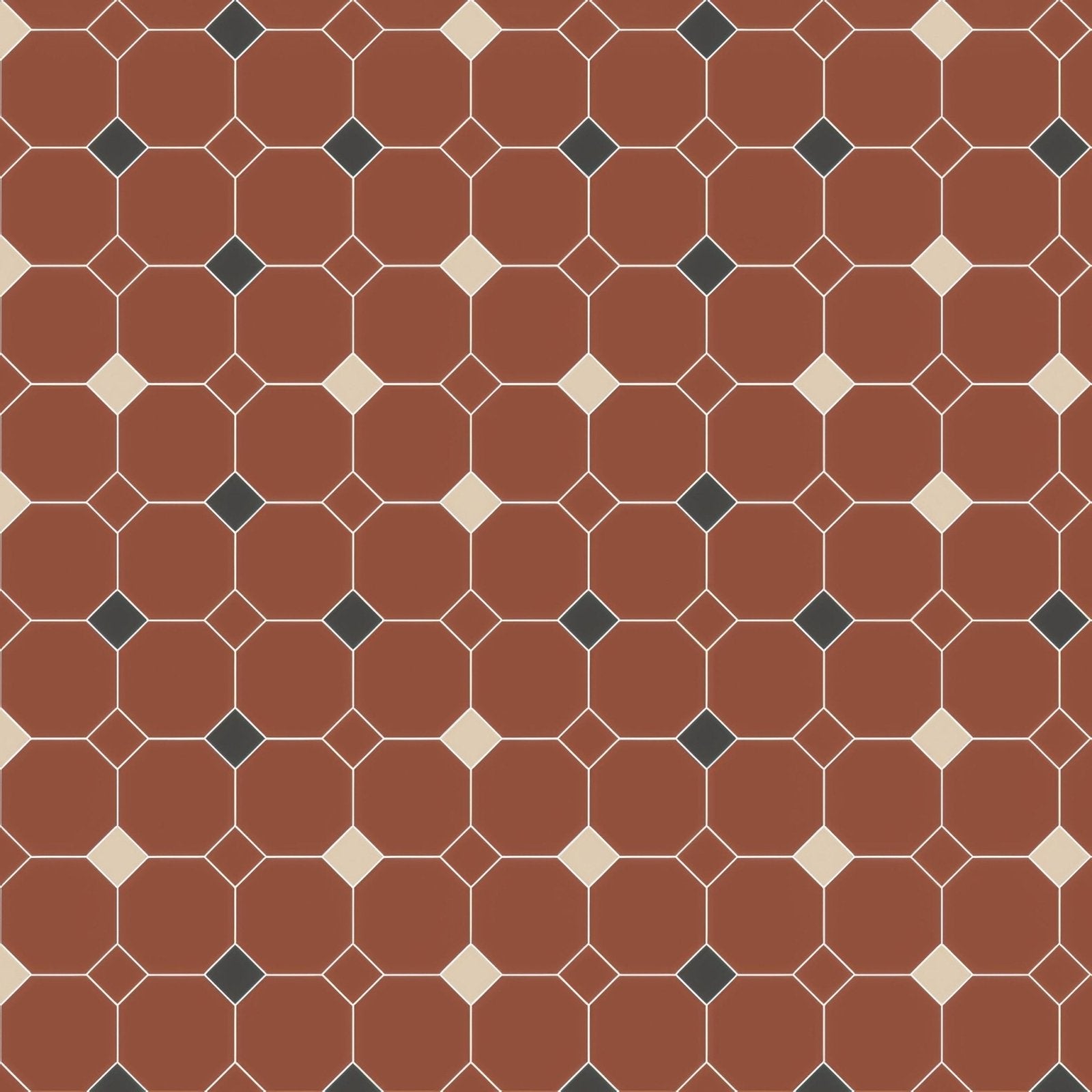 Harrogate red buff and black red terracotta hexagonal floor tiles with cream and dark gray diamond accents