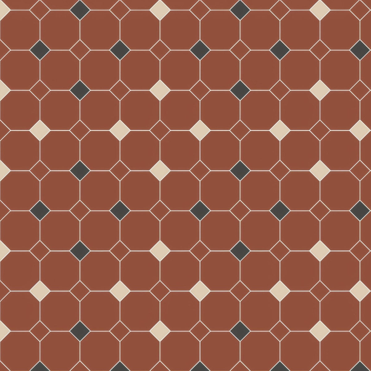 Harrogate red buff and black red terracotta hexagonal floor tiles with cream and dark gray diamond accents