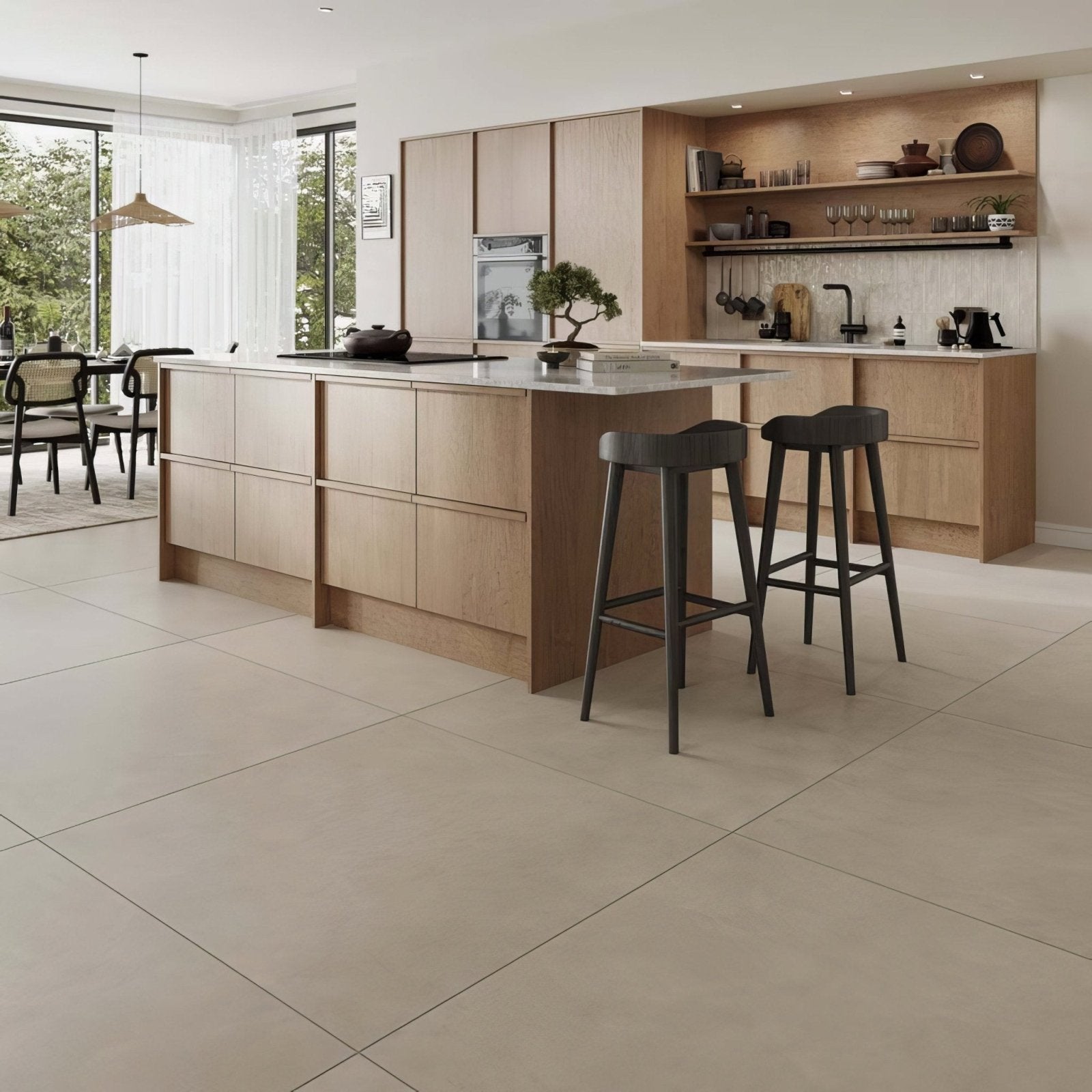Hartford Greige Matt Porcelain greige matt porcelain tiles with a kitchen island and light wood cabinetry