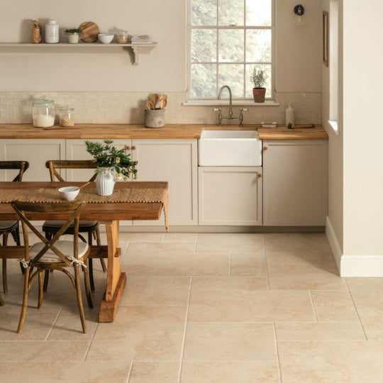 Beige rectangular hartland abbey kitchen floor tiles with subtle natural stone texture measuring 600 x 300mm