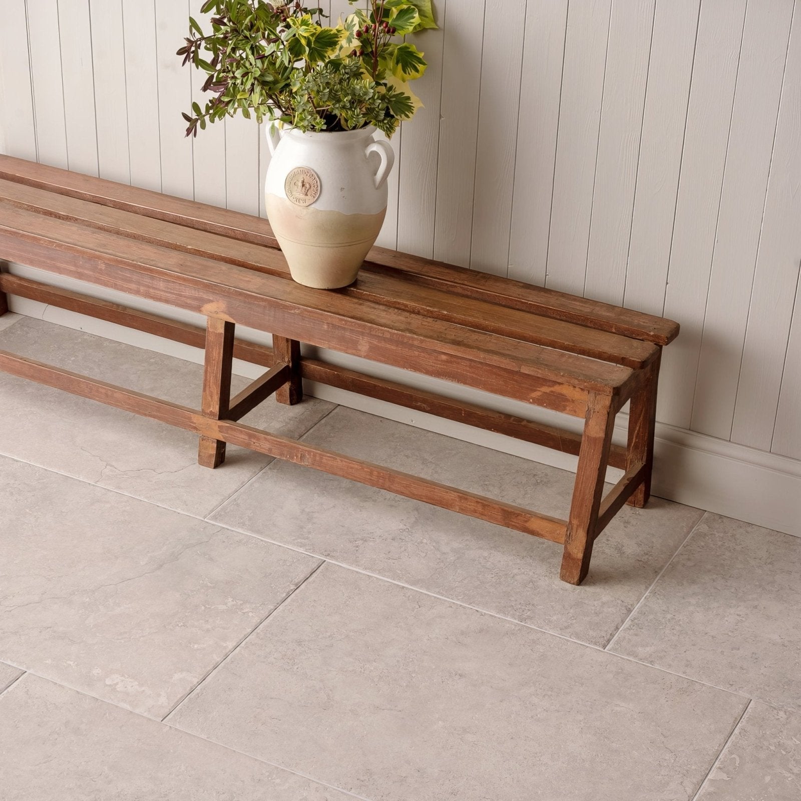 Hartland chapel wooden bench with warm brown finish and simple sturdy construction 900 by 600 millimeters