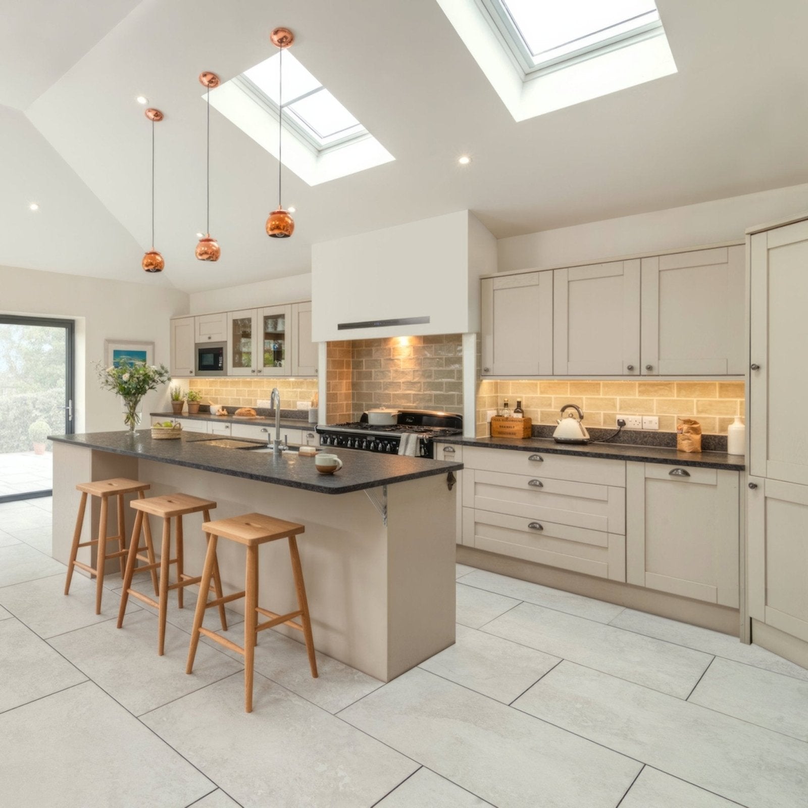 Modern kitchen island hartland priory 900 x 600mm with dark countertop and light wood bar stools