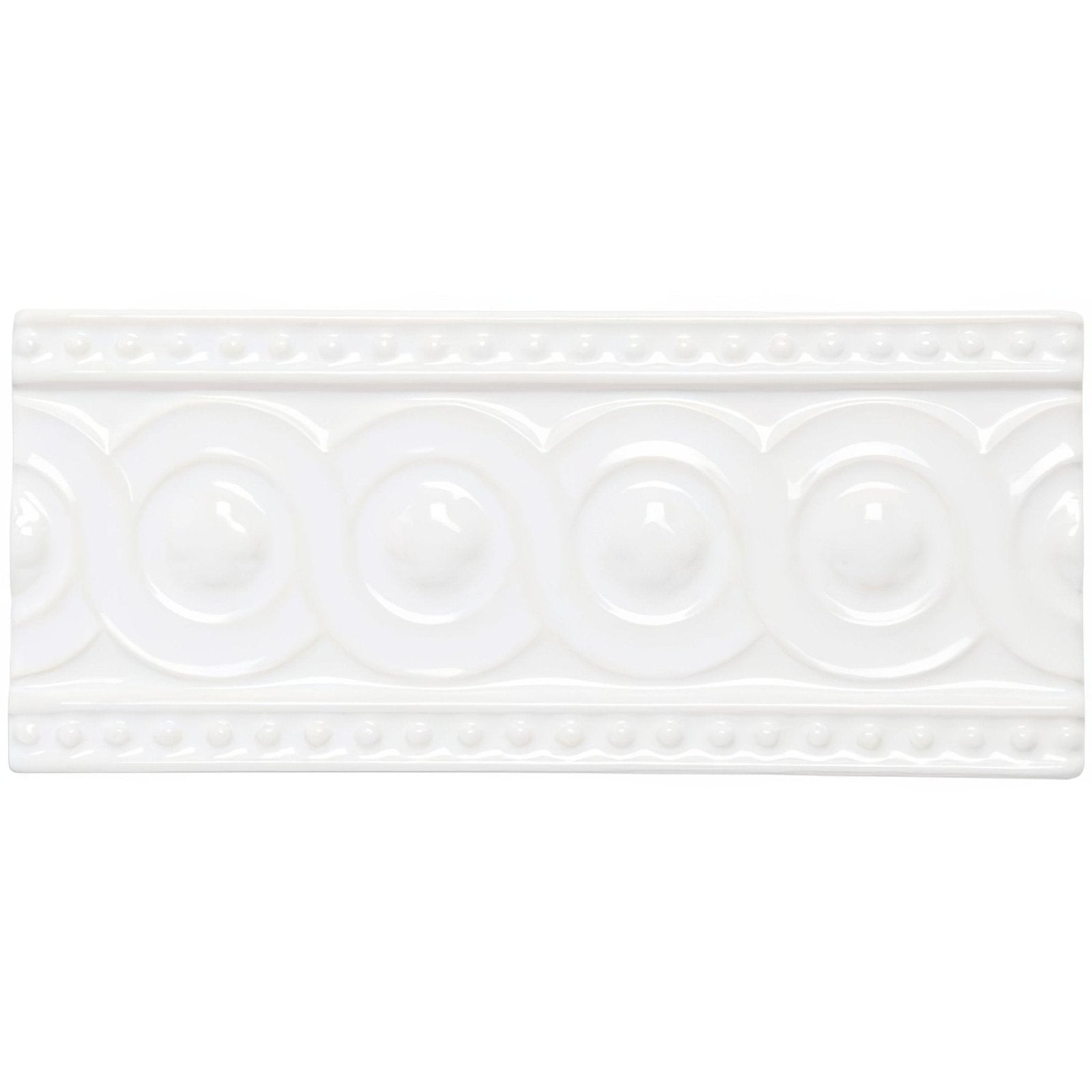 Baroque moulding helmingham white ceramic tile with glossy finish and raised circular medallions with beaded edges