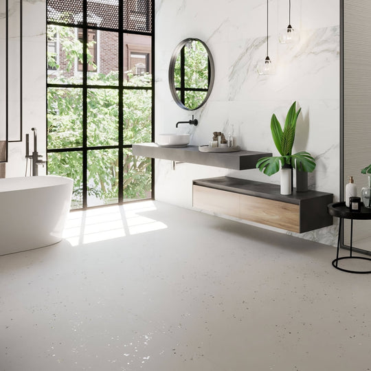 Helsinki 1841 Blanco white porcelain floor tiles with a floating marble vanity