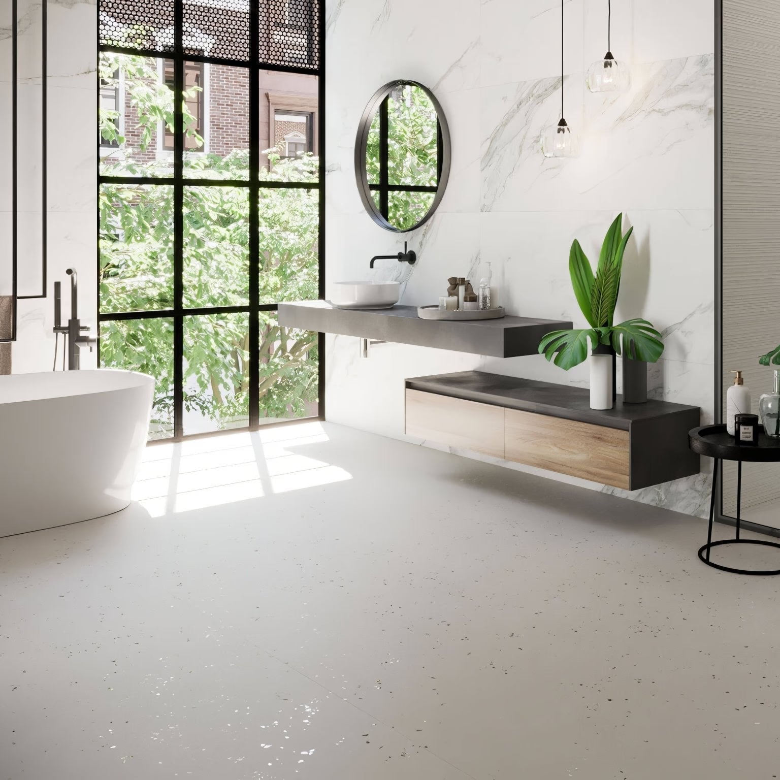 Helsinki 1841 Blanco white porcelain floor tiles with a floating marble vanity