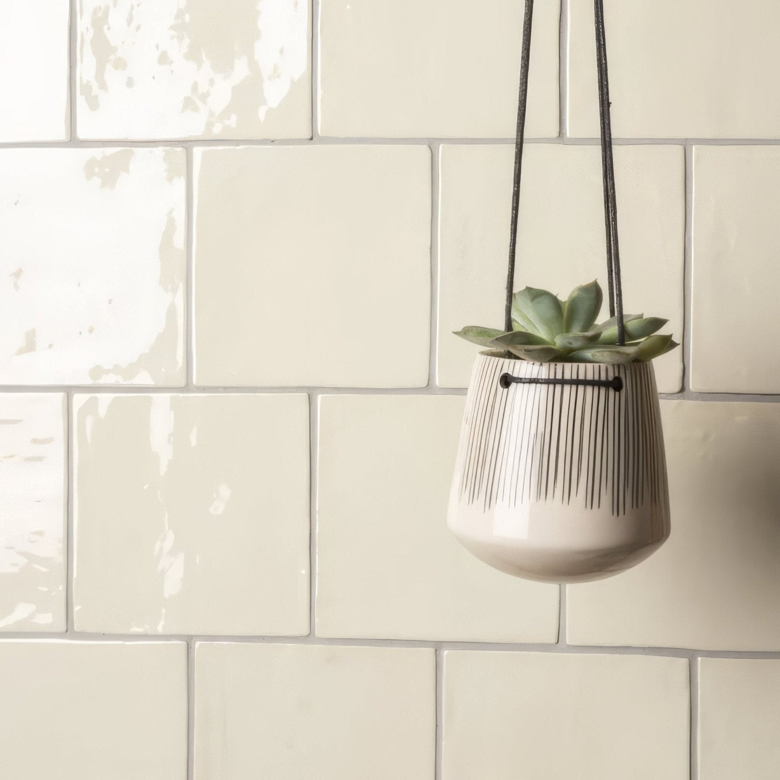 A white ceramic hanging planter with black stripes and metal loop holding a green succulent in hemp field tile design