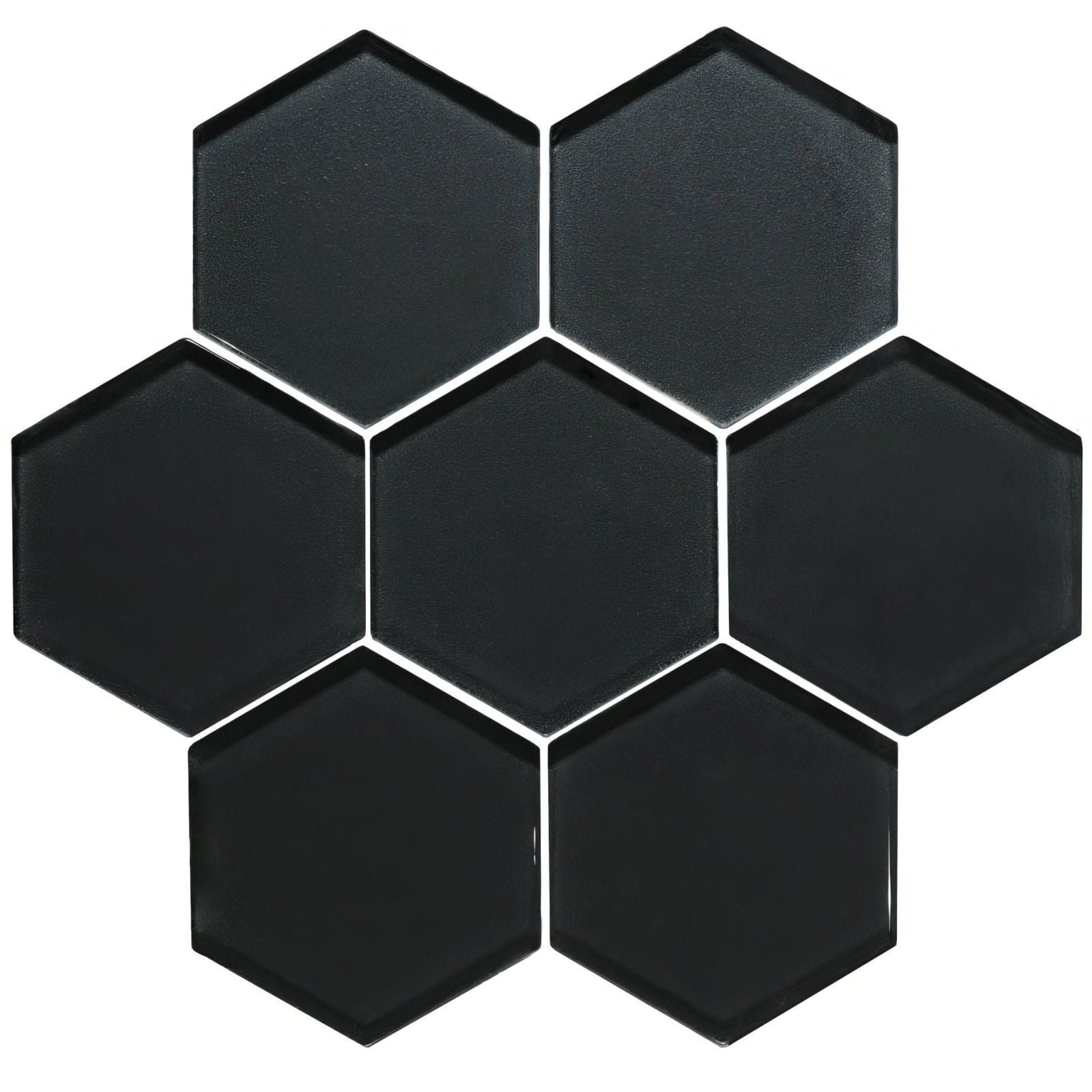 Hera metallic hexagon mosaics featuring black hexagonal glass tiles with glossy finish and white grout lines