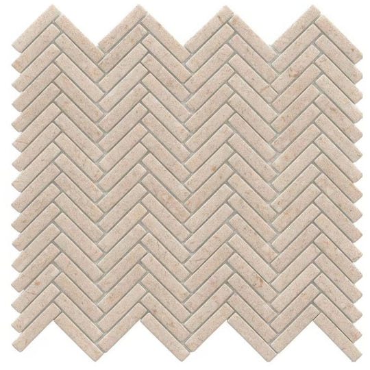 Beige stone mosaic tile with a herringbone pattern in herringbone dorcia marfil mosaic design