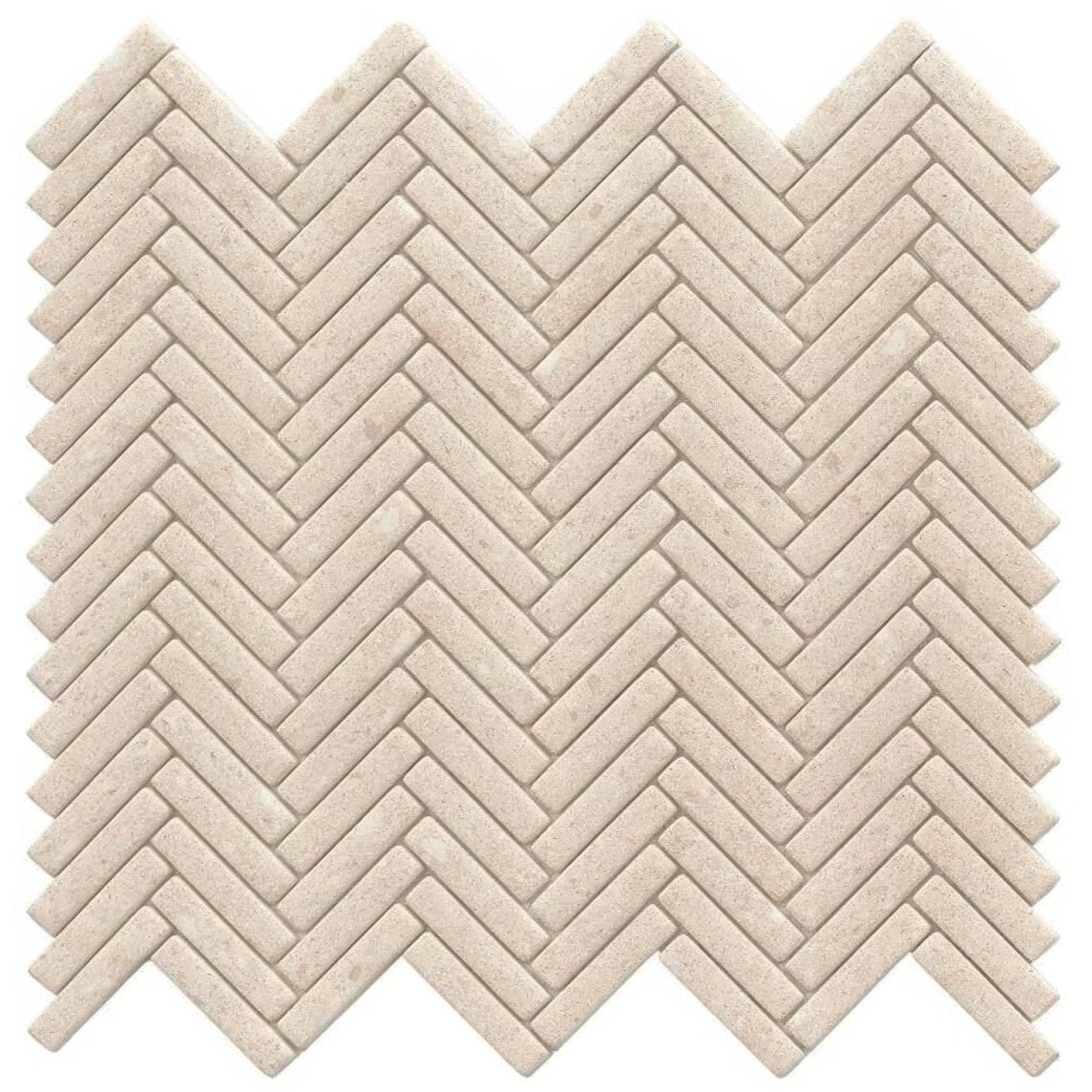 Beige stone mosaic tile in herringbone pattern called herringbone durango bone mosaic for wall and floor use