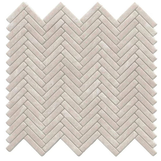 Beige herringbone mystic beige mosaic tile with textured stone-like finish and herringbone pattern