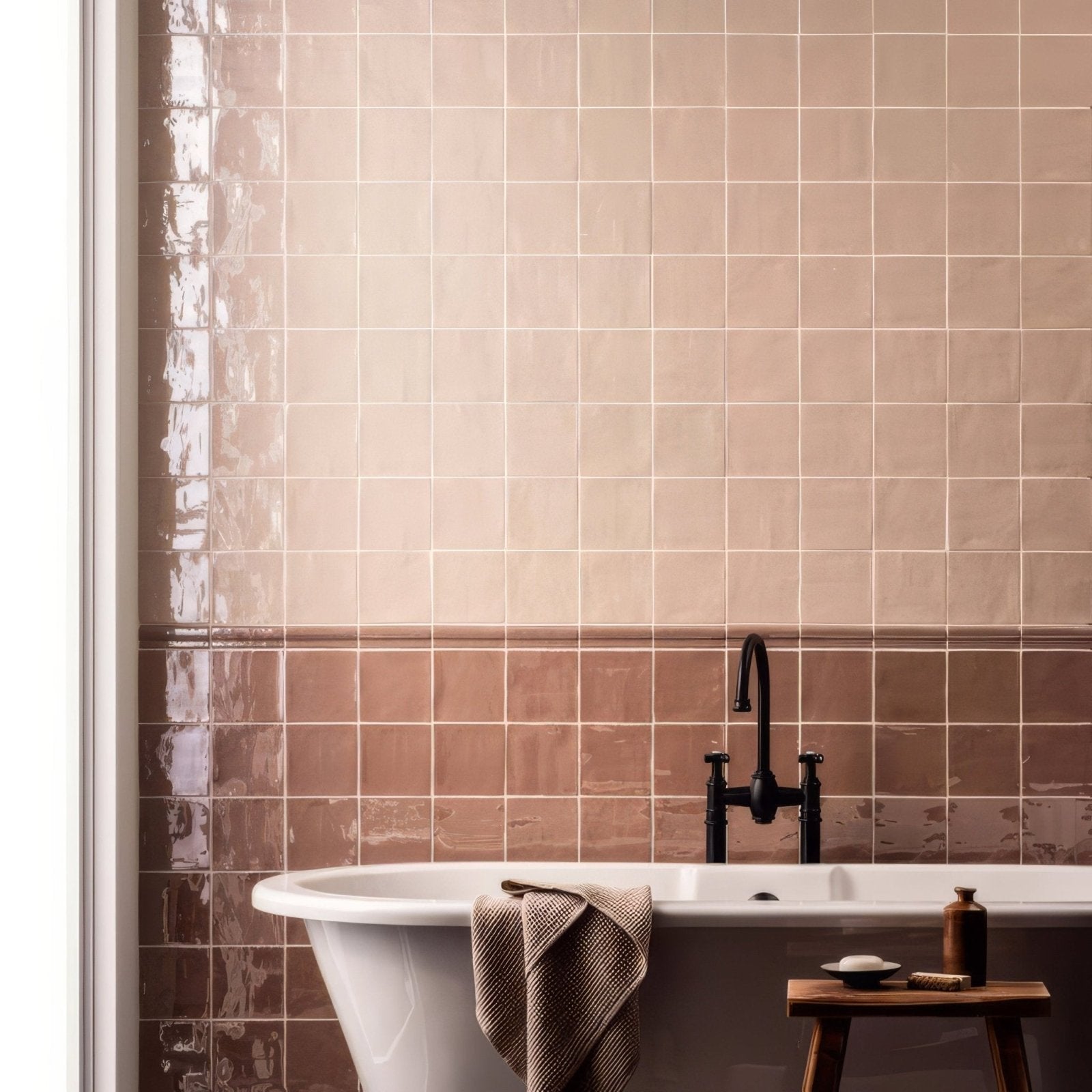 Beige and rose-toned glossy ceramic hessian torus moulding tiles with subtle textured finish for decorative use
