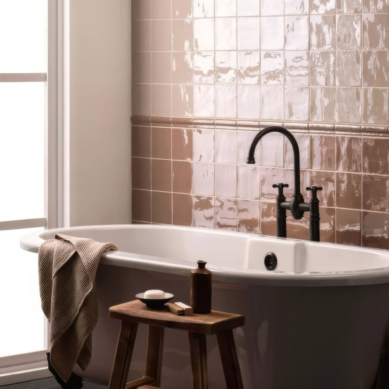 White freestanding bathtub with black faucet and handles against textured taupe tiles featuring hessian torus moulding