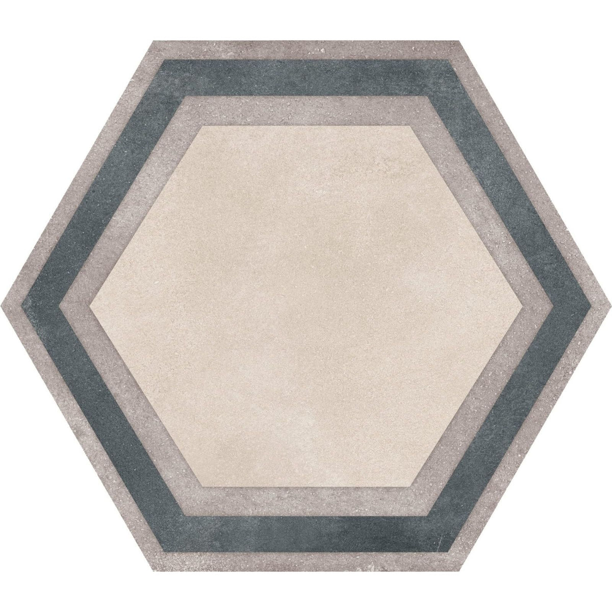 Hexagon beige framed floor tile with a beige center and concentric gray and dark teal bands for interior flooring