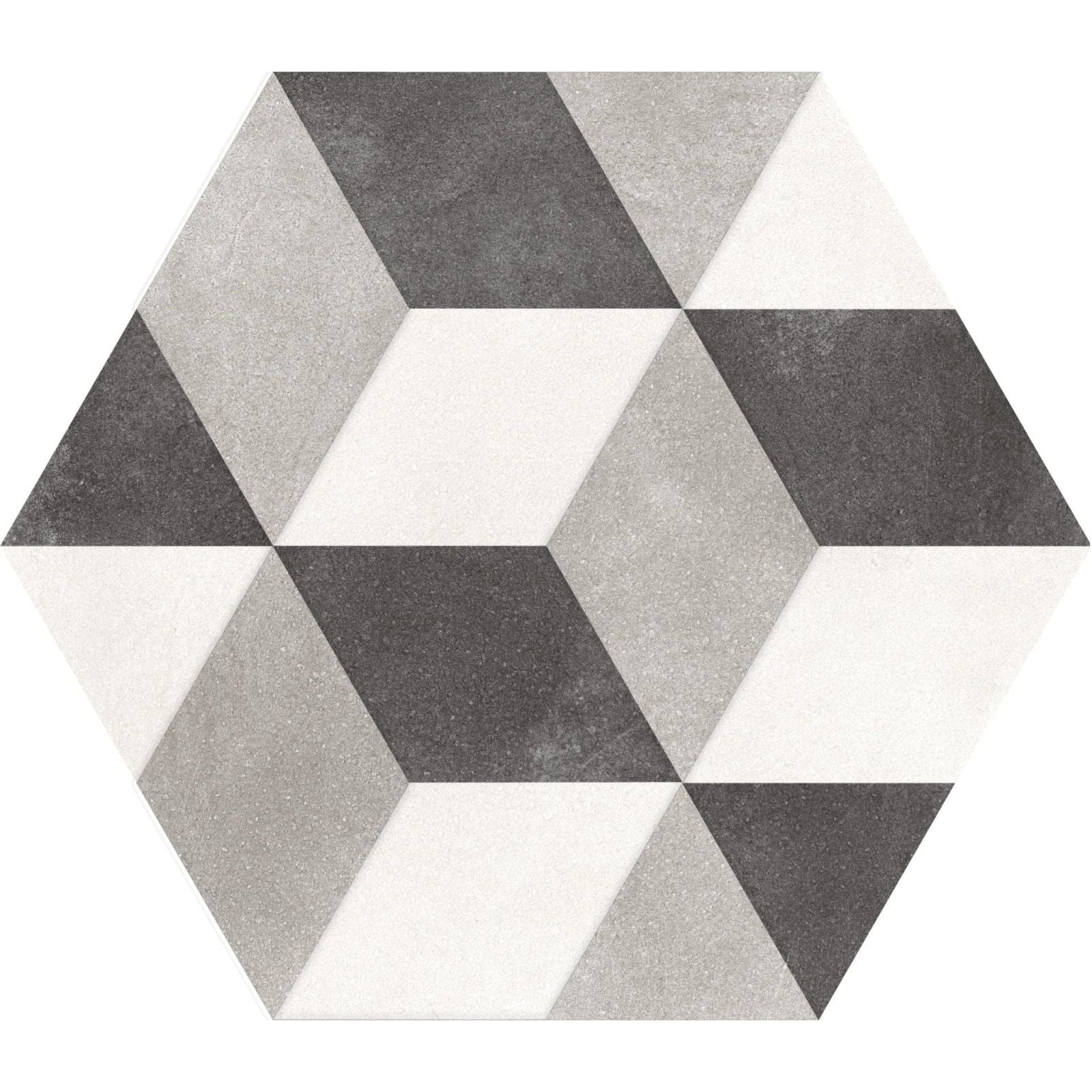 Hexagon black cube tile with geometric 3d cube pattern in gray and white textured concrete surfaces
