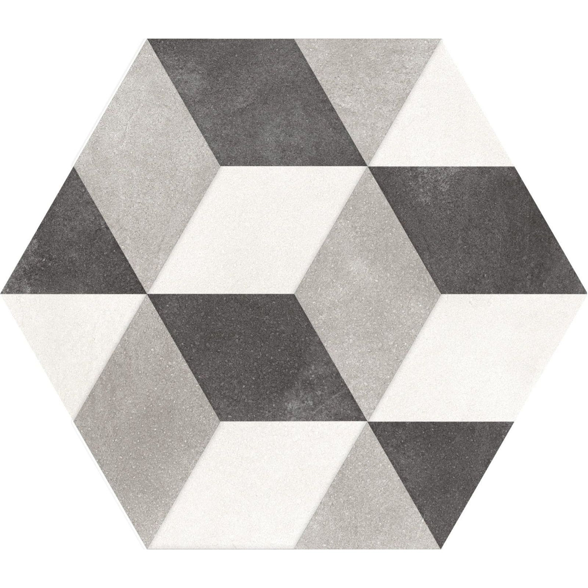 Hexagon black cube tile with geometric 3d cube pattern in gray and white textured concrete surfaces