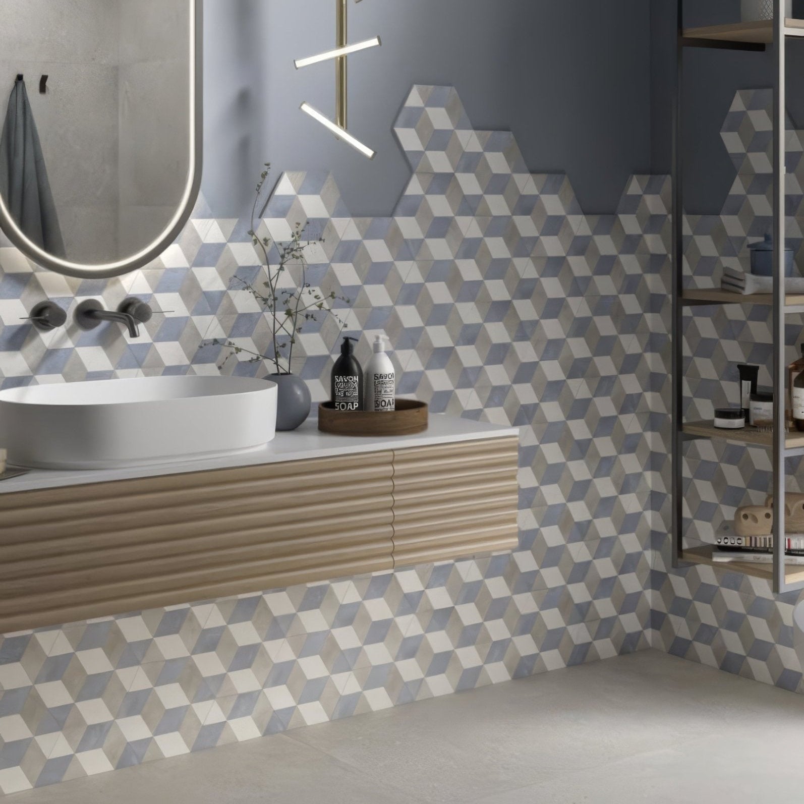 Hexagon blue cube hexagonal mosaic tiles in light gray medium gray and white create a modern bathroom backsplash