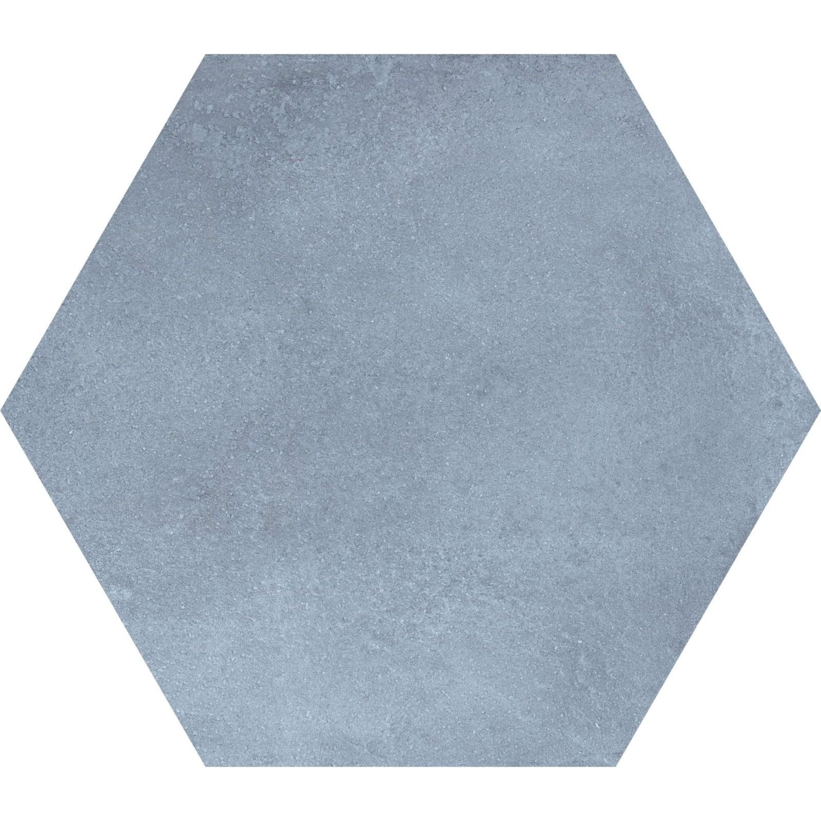 Hexagon blue plain tile featuring hexagonal blue-gray concrete-effect design ideal for modern flooring and walls