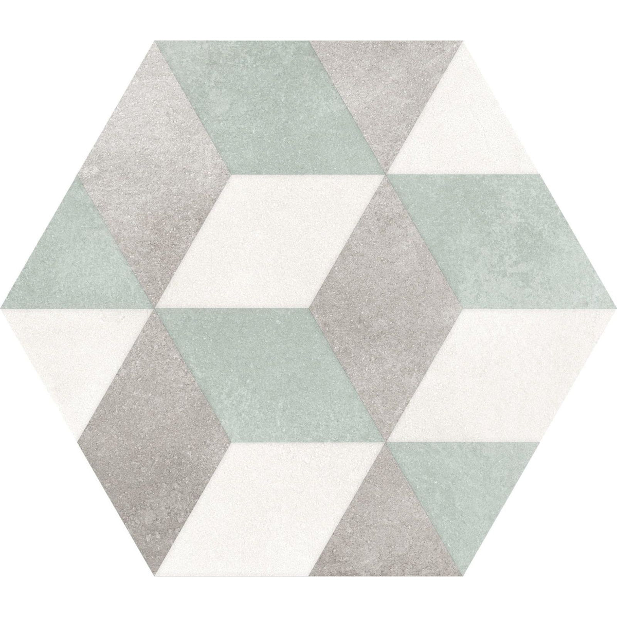 Hexagon green cube hexagonal tile with muted sage green gray and white geometric pattern creating depth illusion