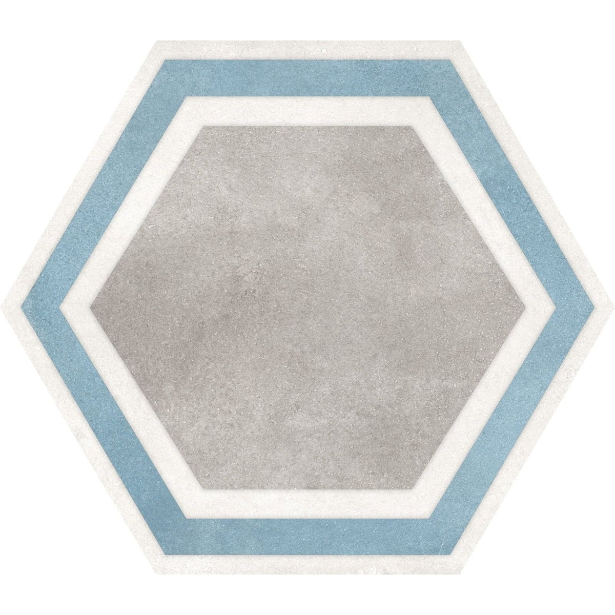 Hexagon grey framed tile with a textured gray center and alternating light blue and white hexagonal borders