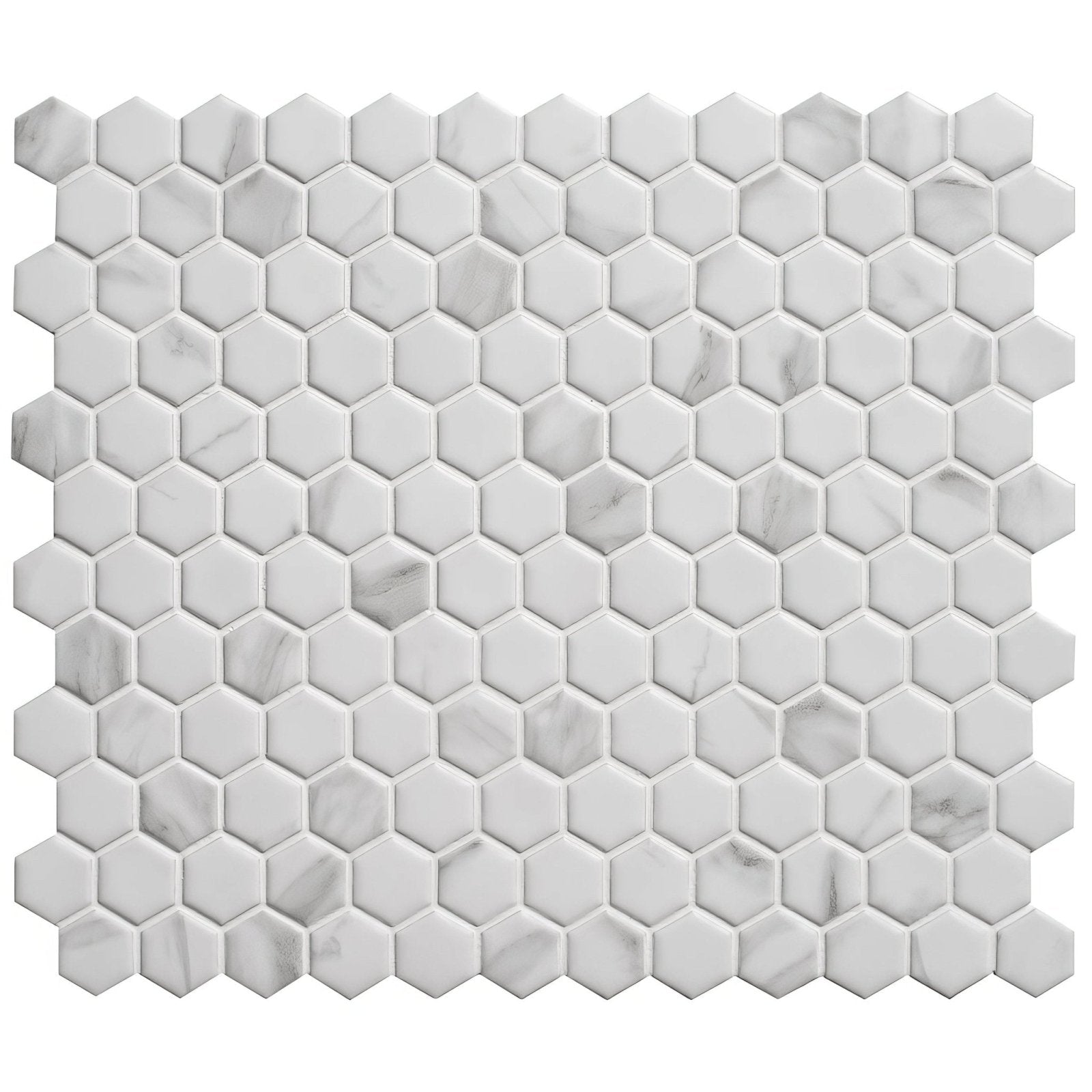 White hexagonal marble mosaic tile with subtle gray veining in a hexagon matt carrara white finish