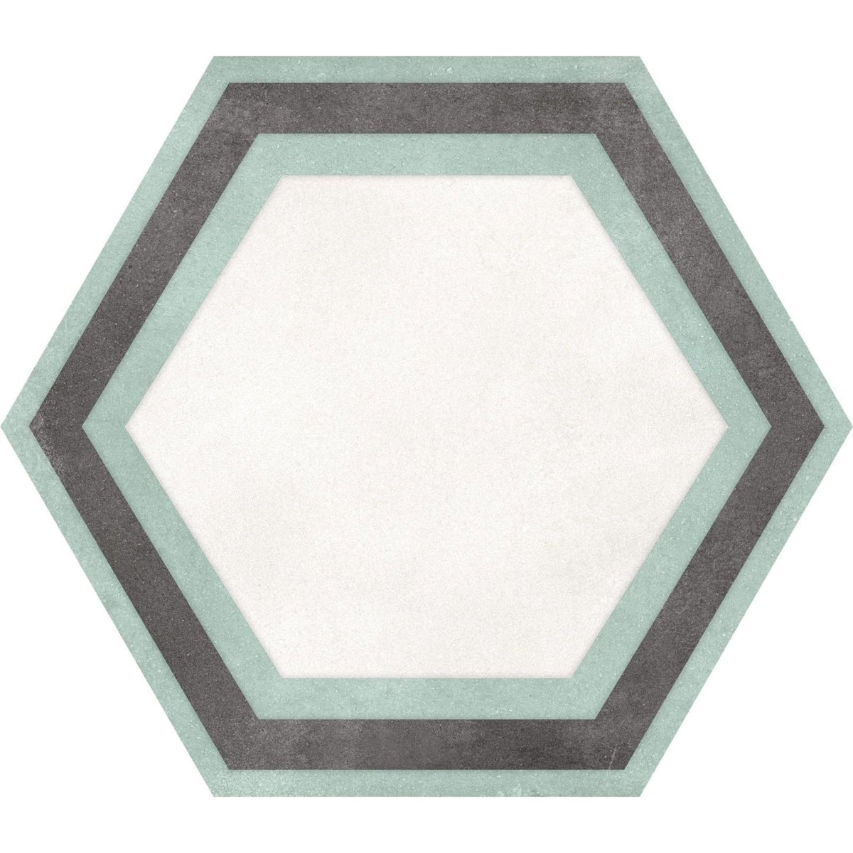 Hexagon white framed tile with a white center and alternating muted sage green and dark gray bands for wall or floor use