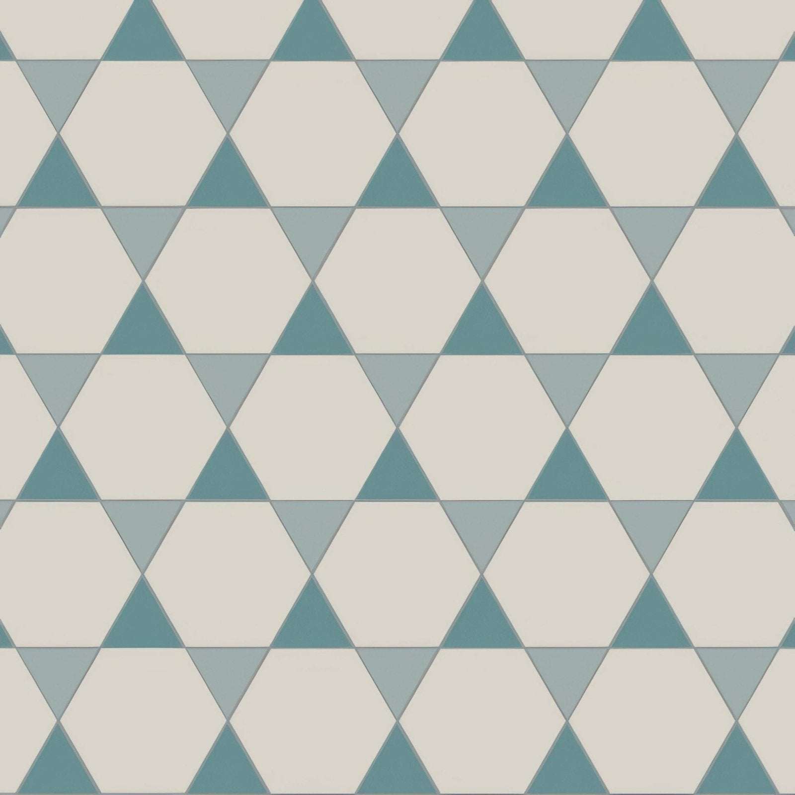 Geometric patterned wallpaper hexham dover white grey and blue with interlocking hexagons and triangles in teal shades