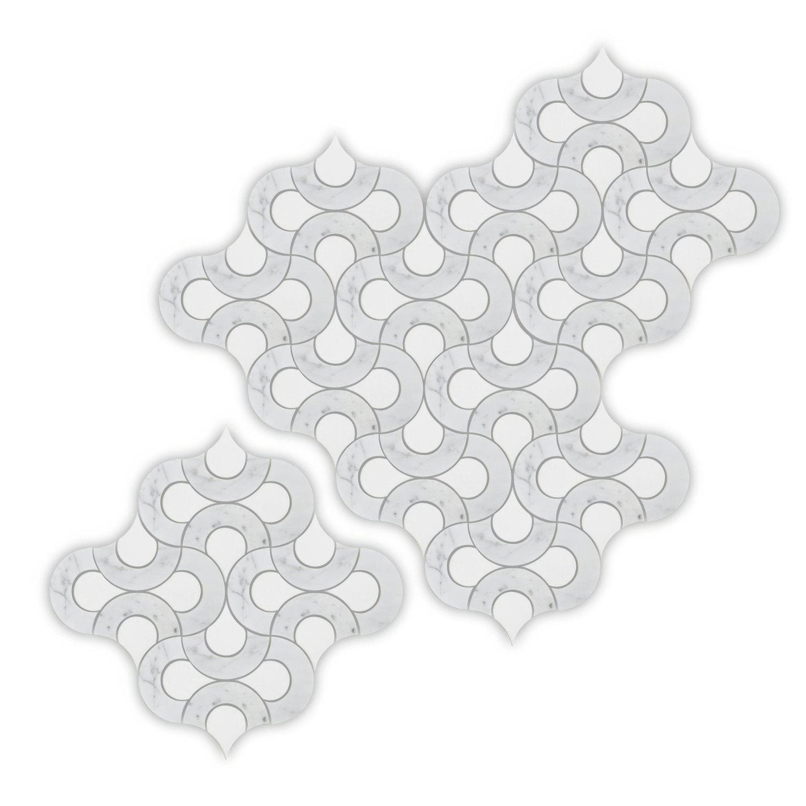 High society marble guggenheim white marble mosaic tiles with swirling interlocking circular pattern and subtle gray veining