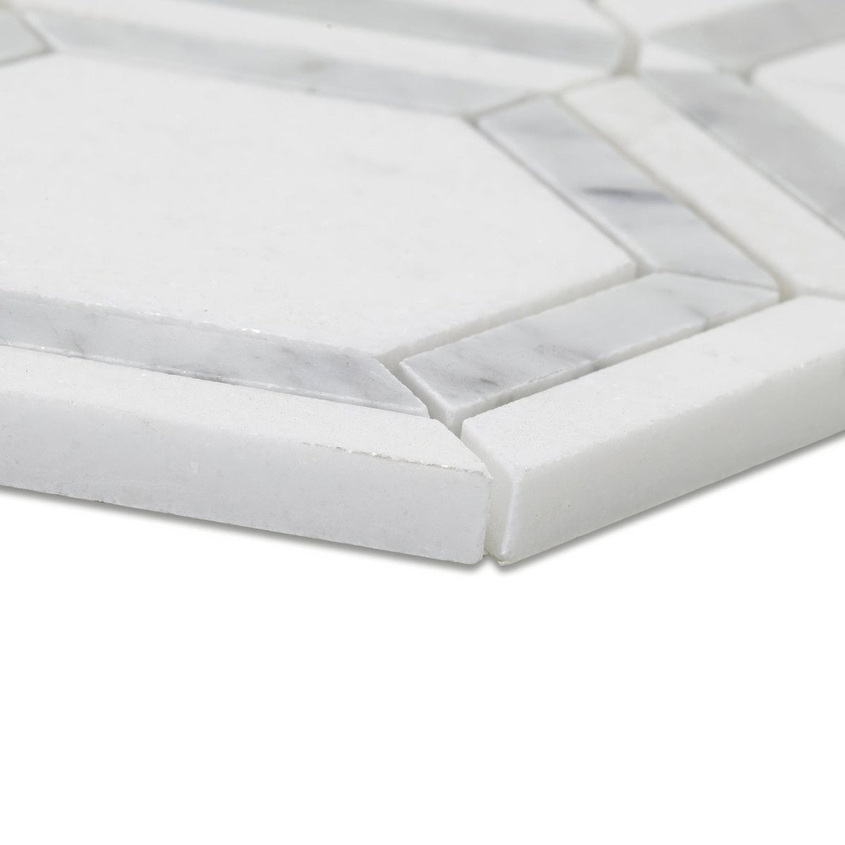High Society Marble Rockefeller white marble mosaic tile with geometric rectangular pattern and subtle gray veining