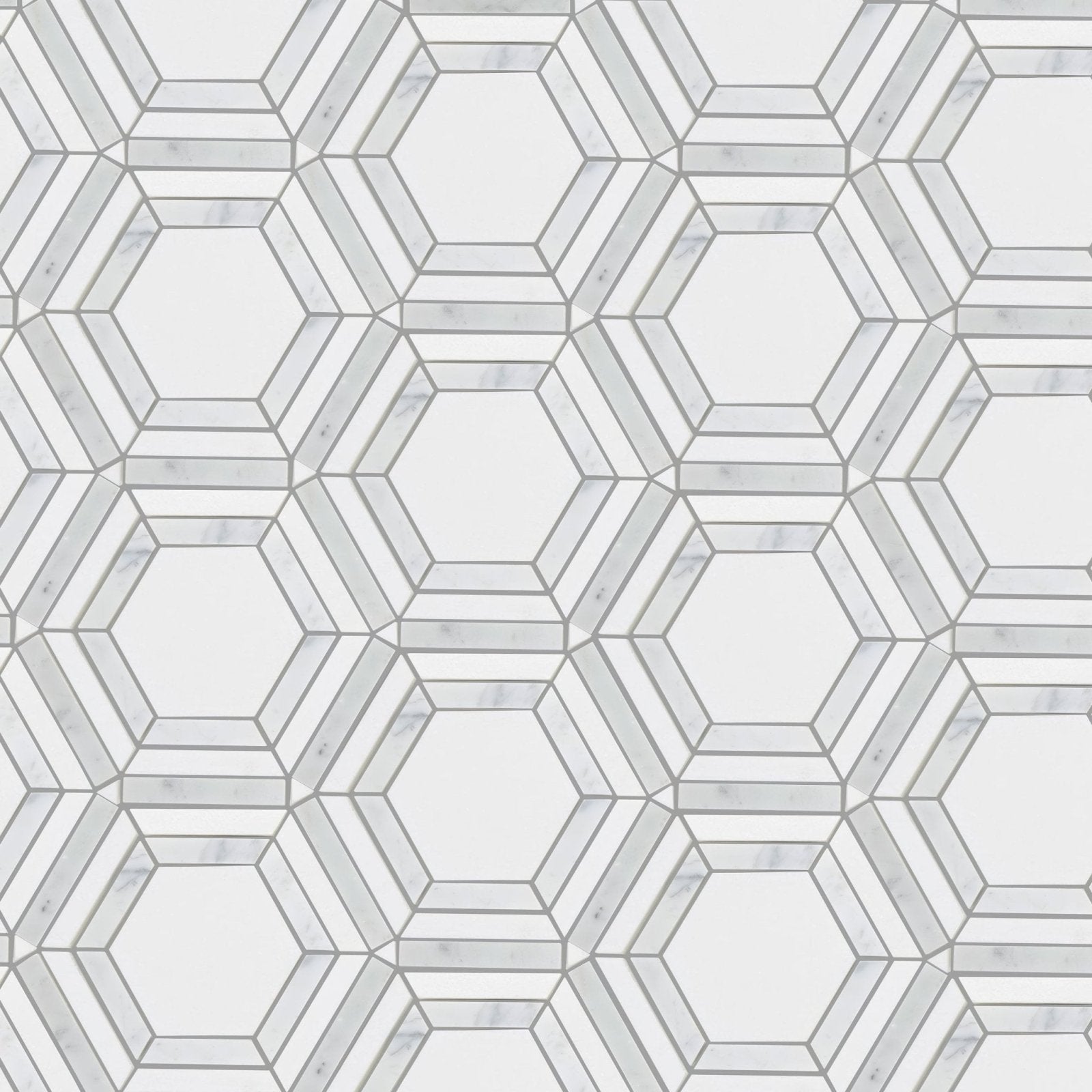 High society marble rockefeller white marble hexagonal mosaic tile with subtle gray veining and geometric pattern