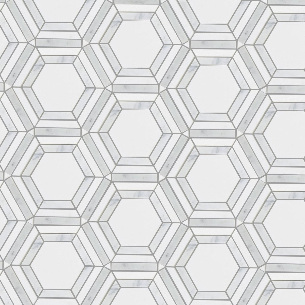 High society marble rockefeller white marble hexagonal mosaic tile with subtle gray veining and geometric pattern