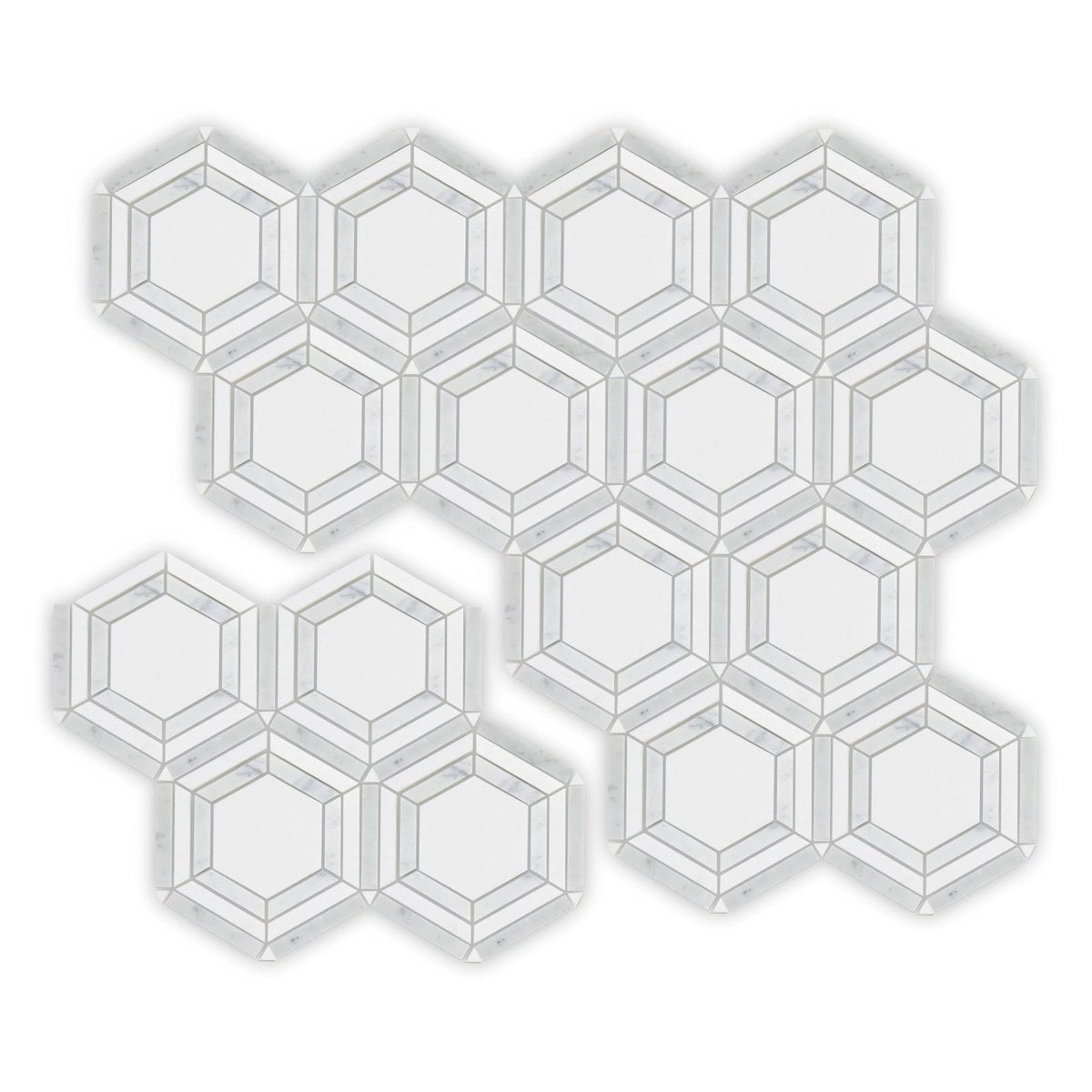 High Society Marble Rockefeller white marble hexagonal mosaic tiles in a geometric pattern
