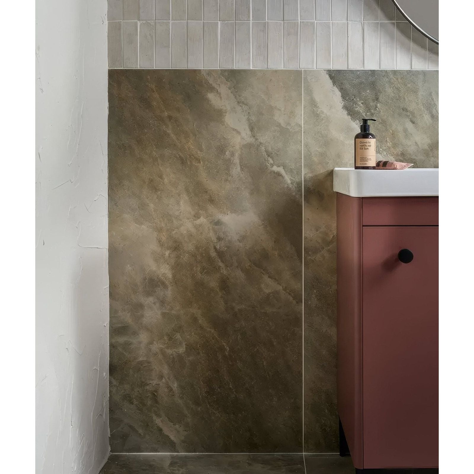 A sleek matte finish brown marble effect porcelain bathroom tile with subtle veining smooth surface titled Himalaya Fjord