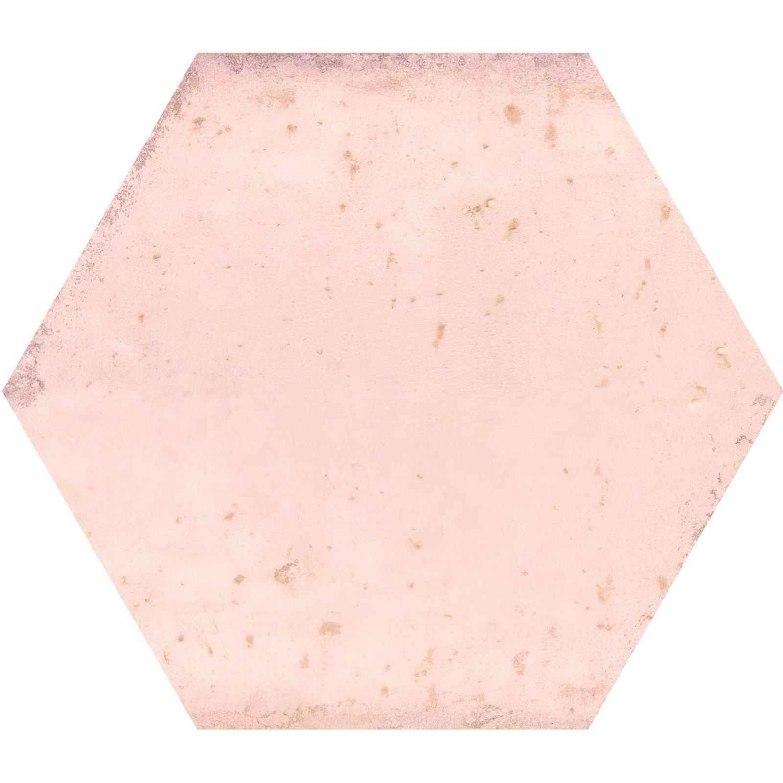 Hope rose hexagon gloss ceramic wall tile with soft pink textured surface faint beige speckles and distressed edge