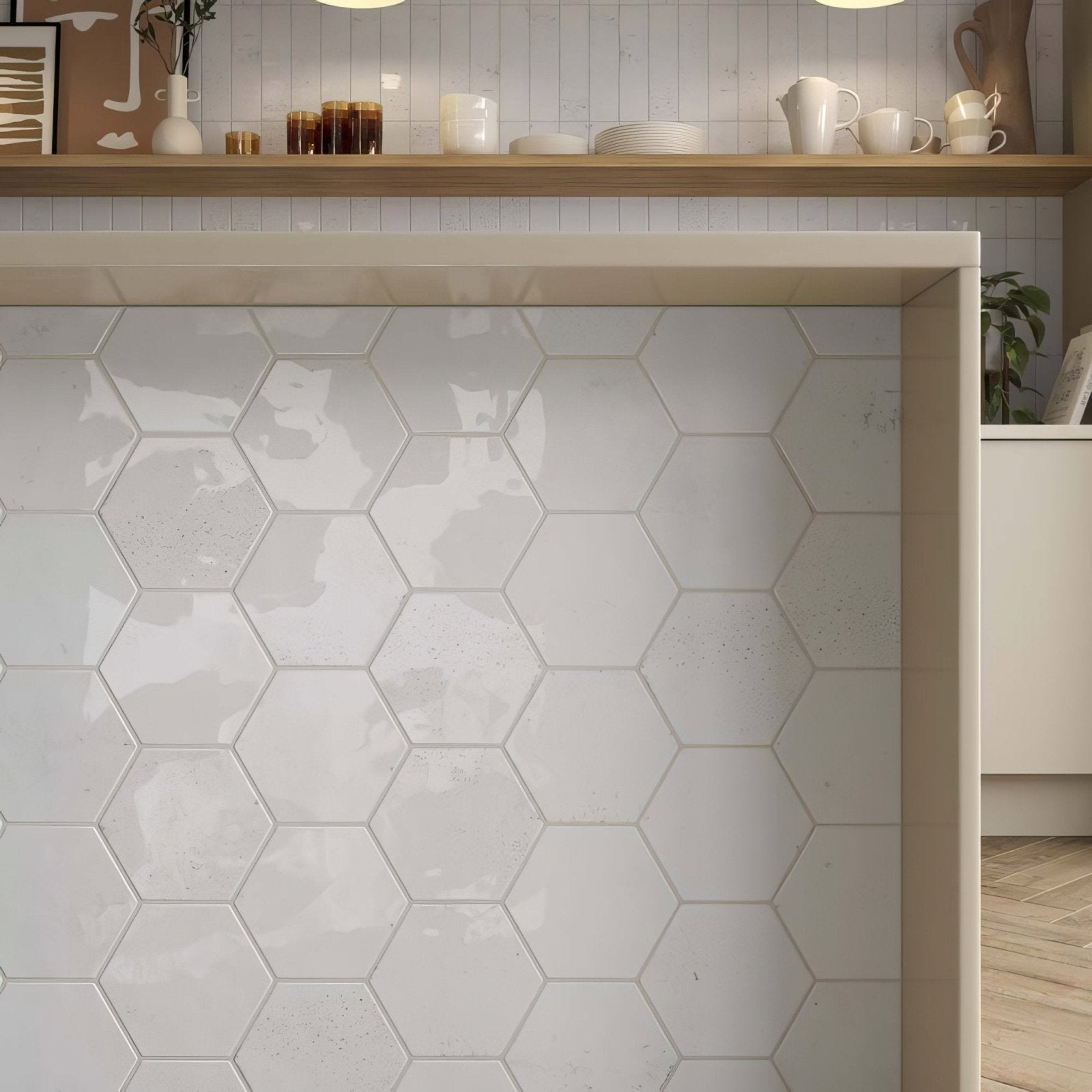 Hope white hexagon gloss ceramic wall tiles in white with subtle matte finish and faint speckled texture