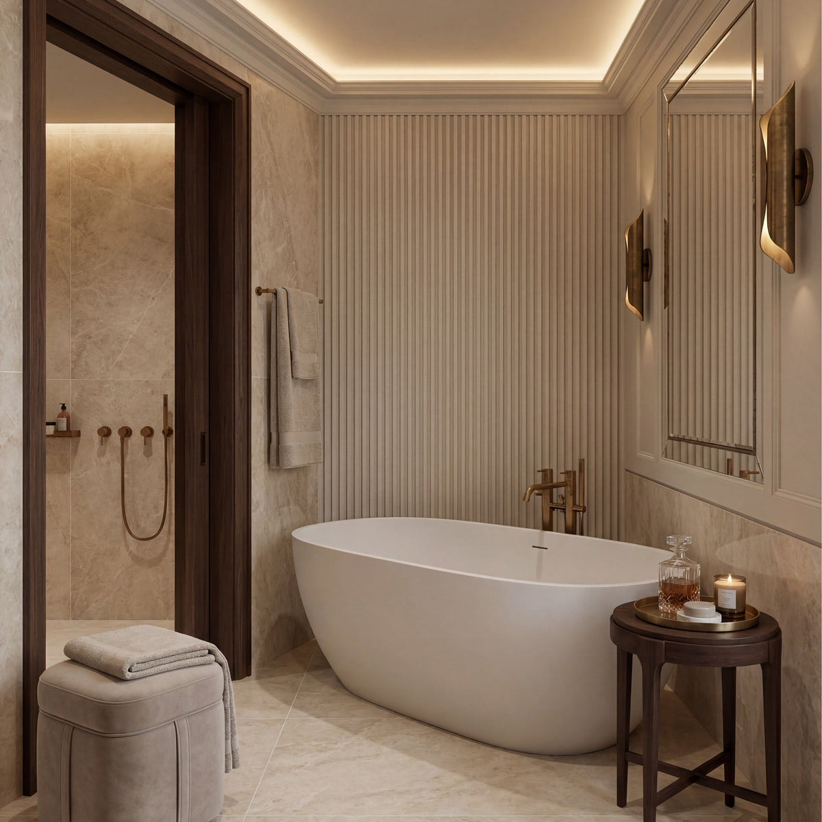 Hoxton Porcelain Amber Linear Décor Matt, a beige porcelain tile with vertical ridged grooves