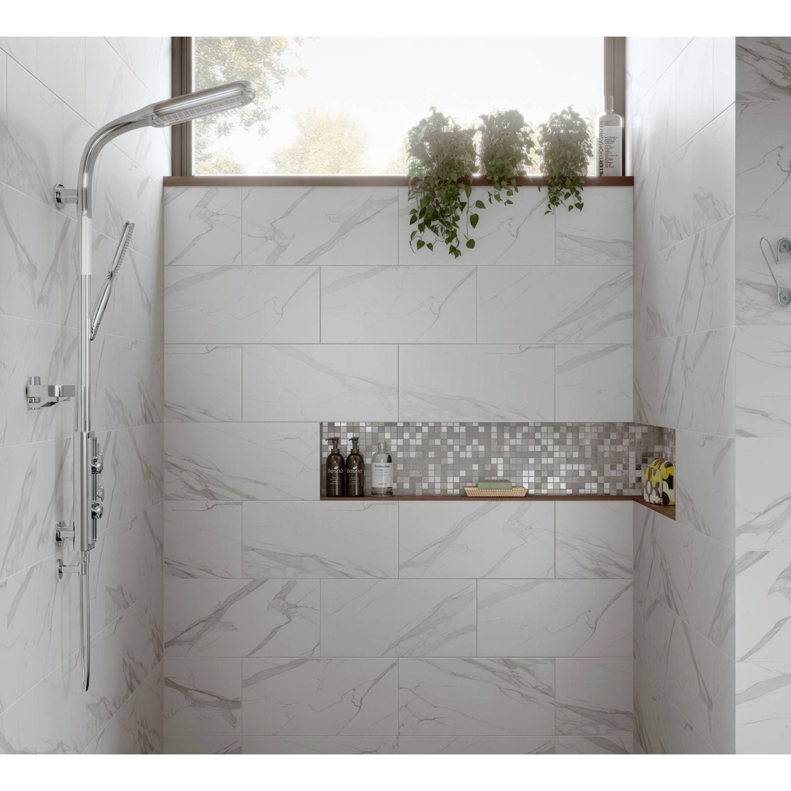 Hutton White Silver Glass and Stone Mix Mosaic silver and frosted glass mosaic with a chrome showerhead